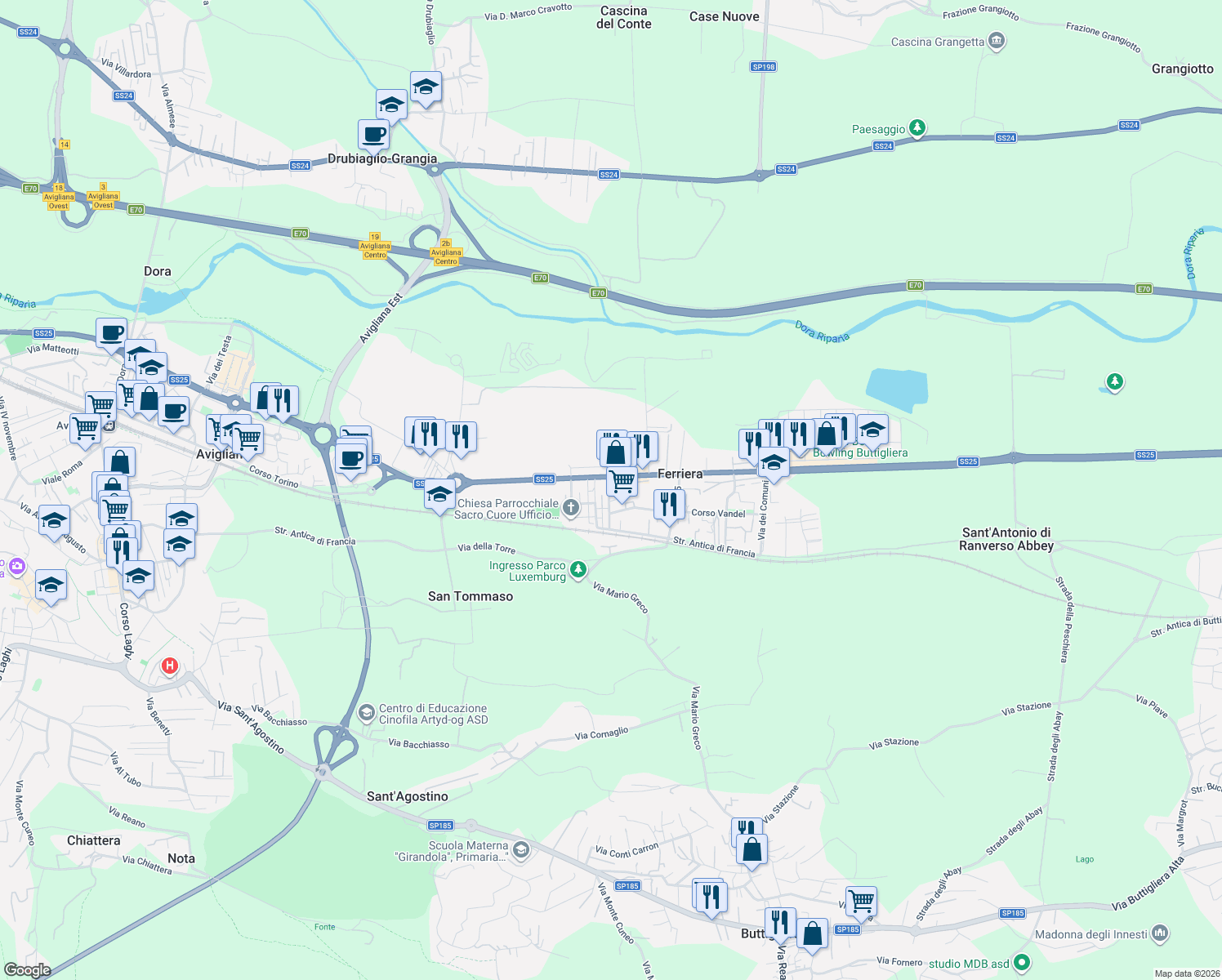 map of restaurants, bars, coffee shops, grocery stores, and more near 5 Via Rocciamelone in Ferriera