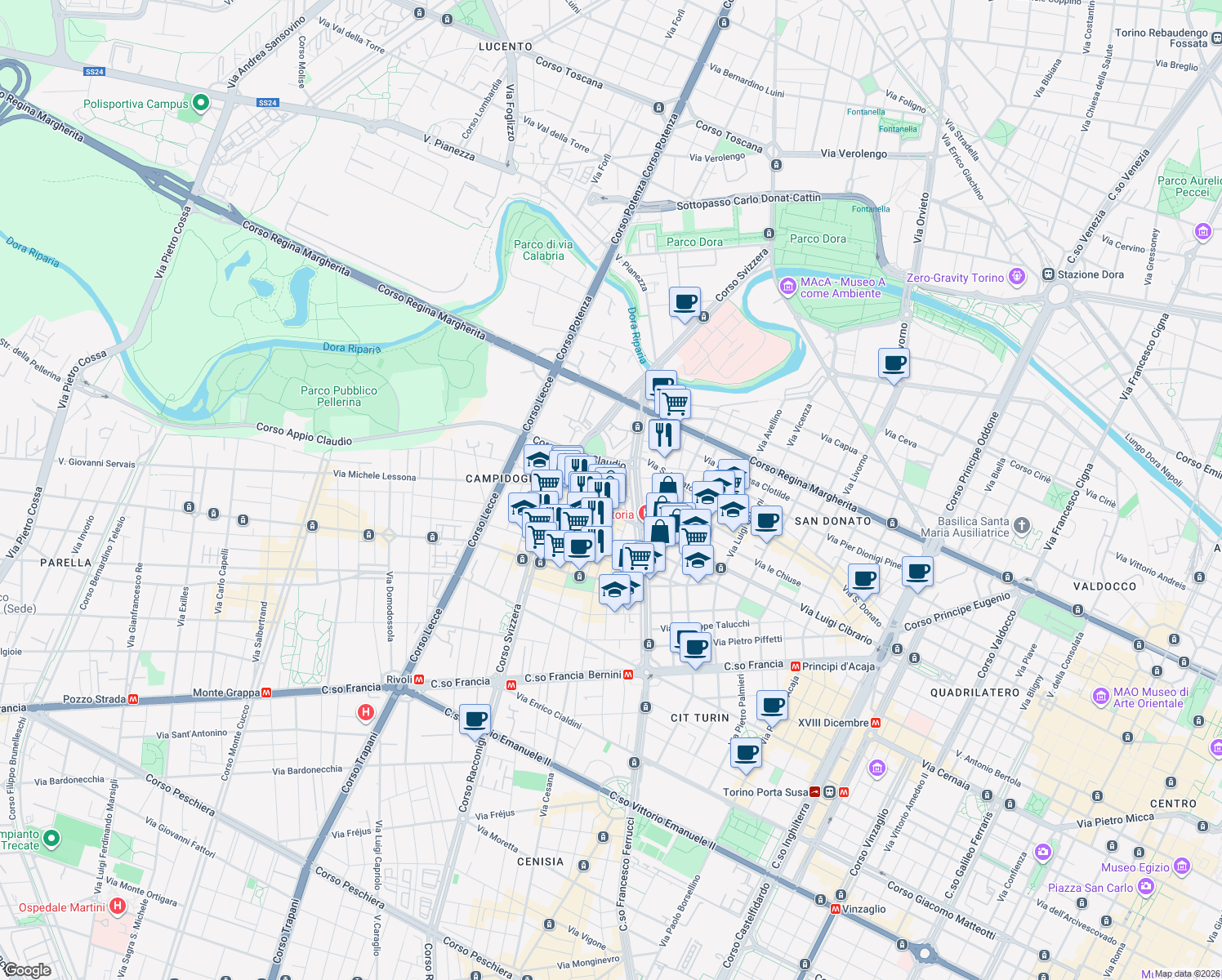map of restaurants, bars, coffee shops, grocery stores, and more near 17 Via Rivara in Turin