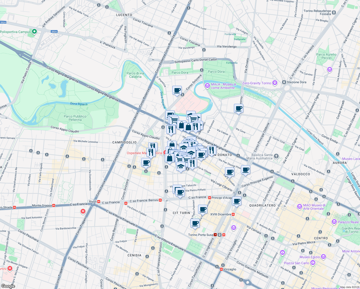 map of restaurants, bars, coffee shops, grocery stores, and more near 79-81 Via San Donato in Turin