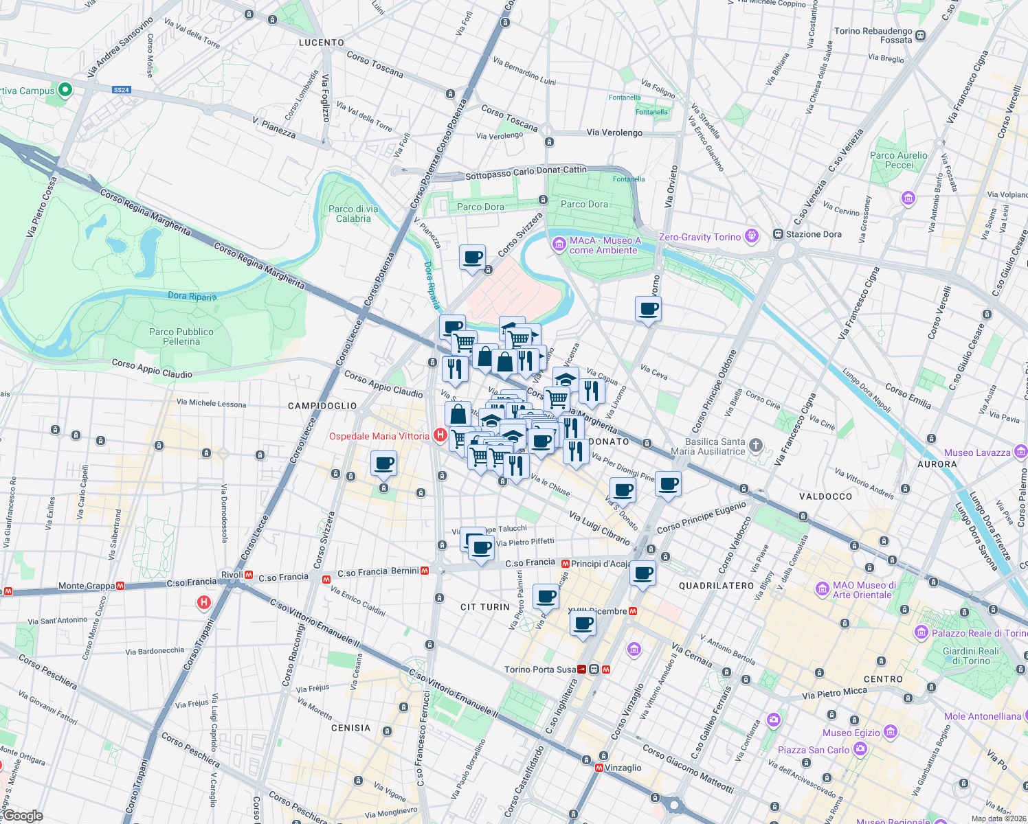 map of restaurants, bars, coffee shops, grocery stores, and more near 70 Via San Donato in Turin