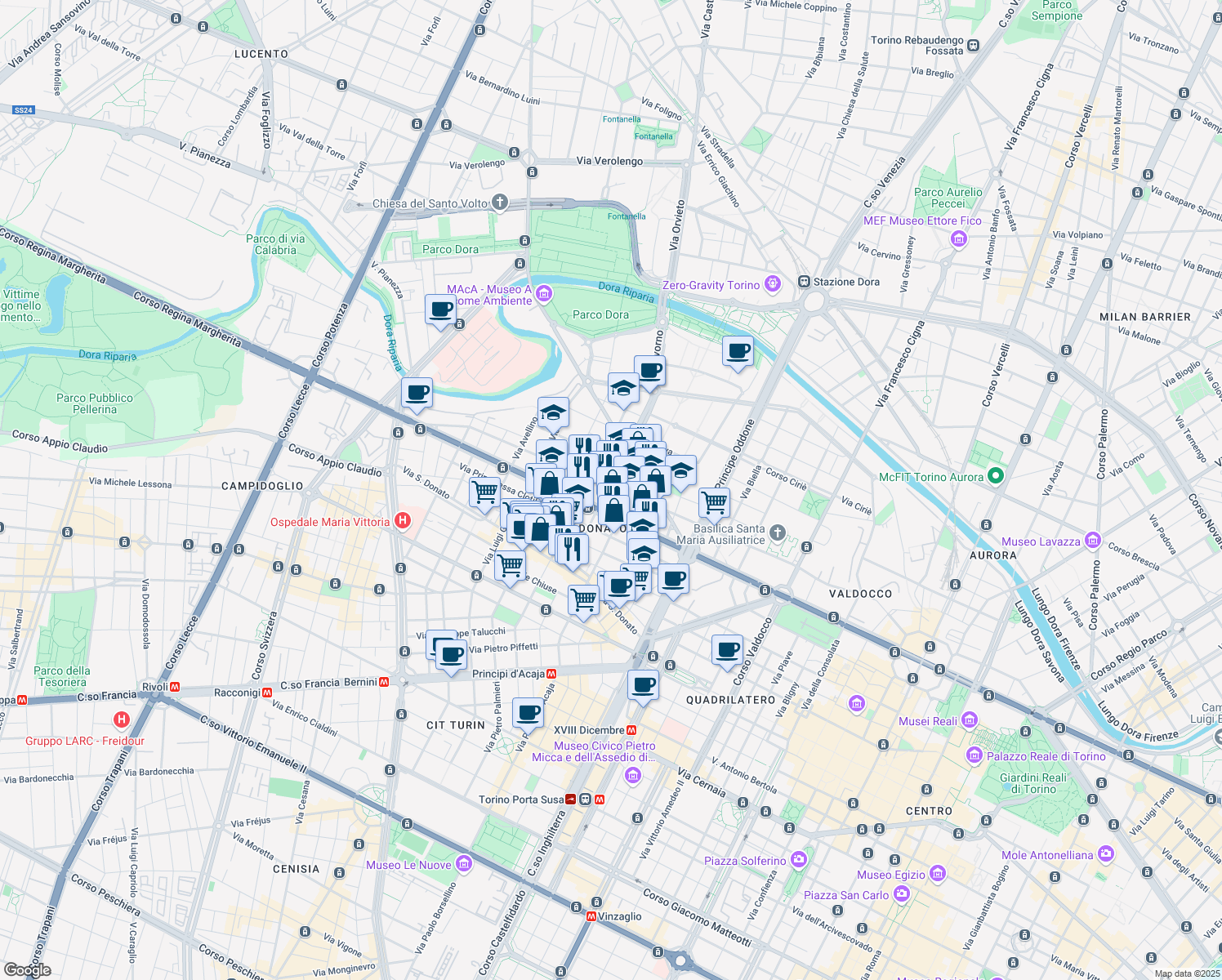 map of restaurants, bars, coffee shops, grocery stores, and more near 220 Corso Regina Margherita in Torino