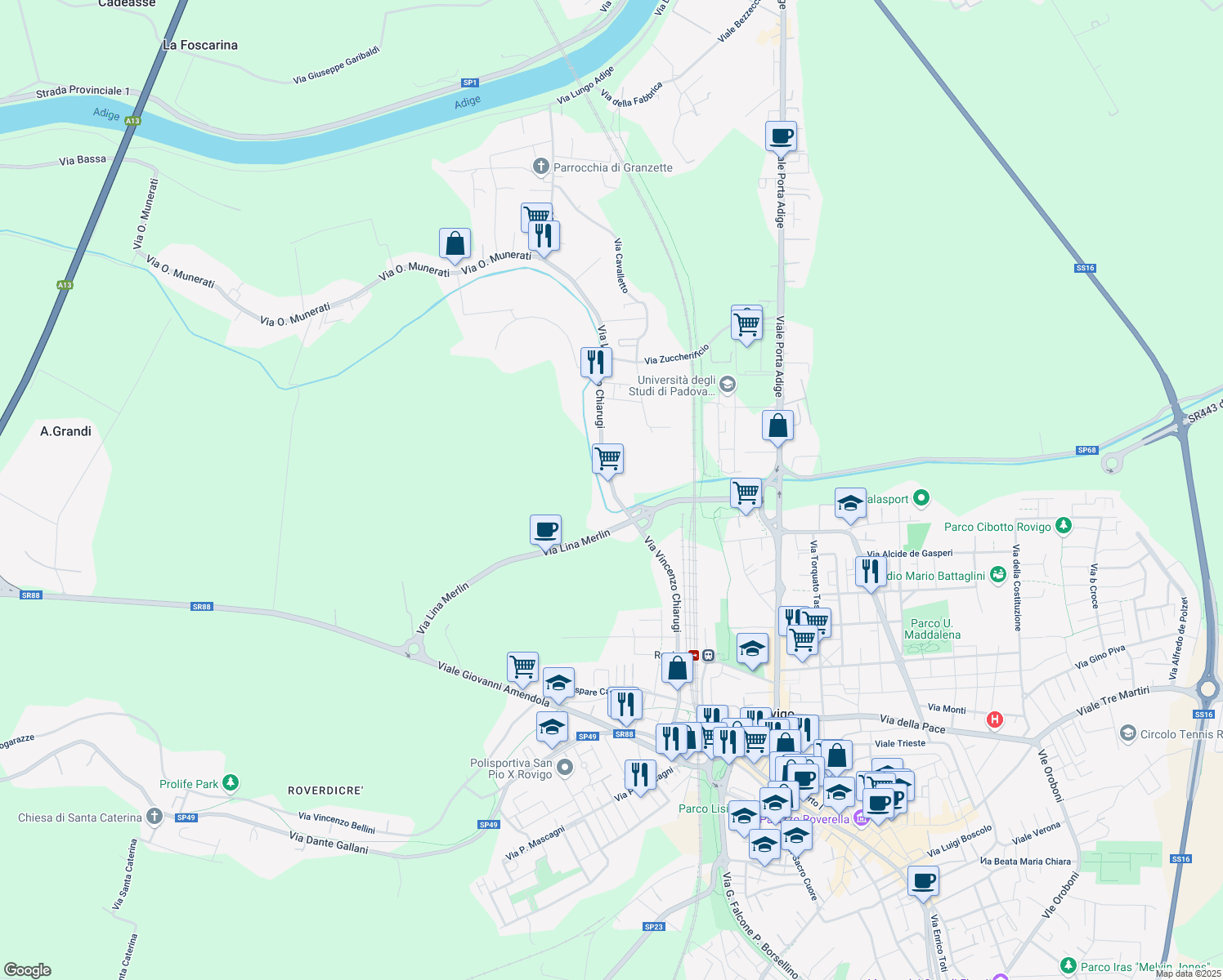 map of restaurants, bars, coffee shops, grocery stores, and more near Via Vincenzo Chiarugi in Rovigo