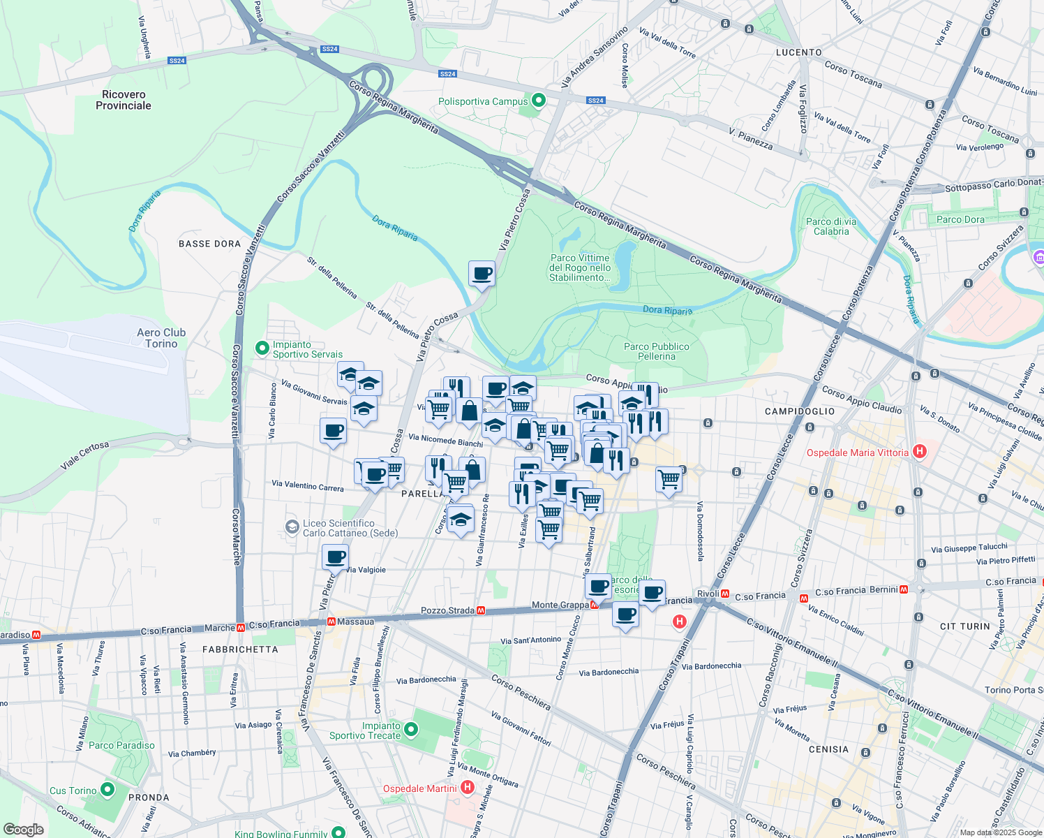 map of restaurants, bars, coffee shops, grocery stores, and more near 5 Via Galliate in Torino