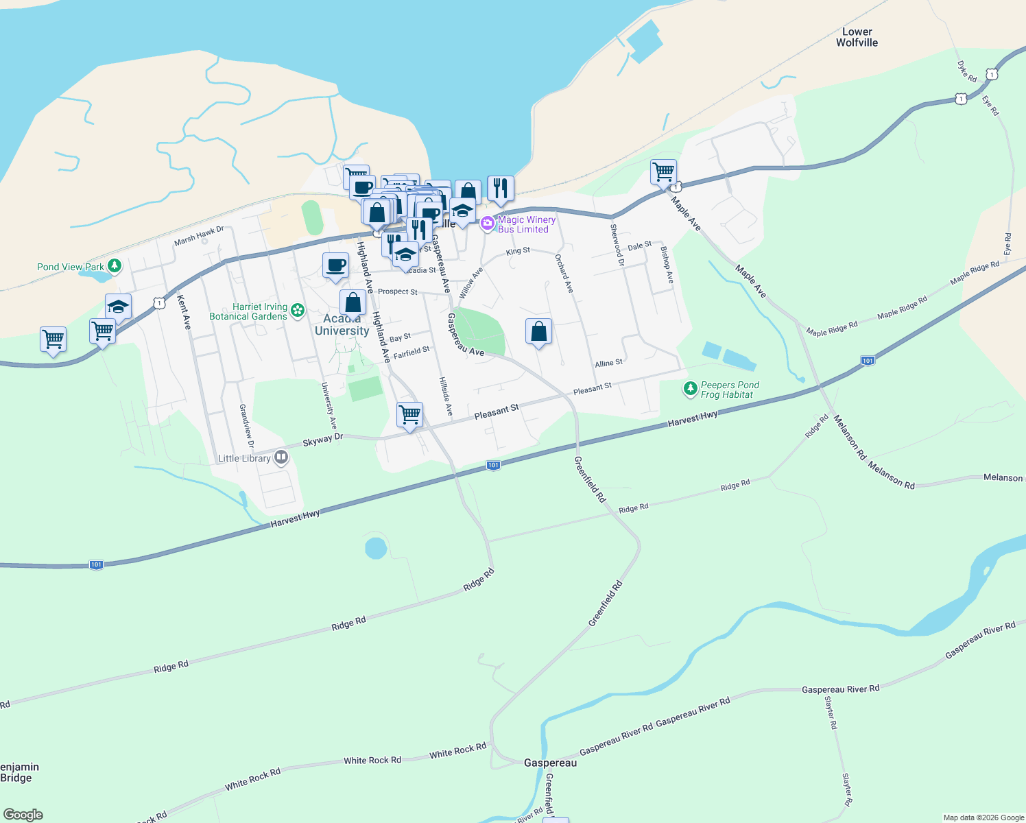 map of restaurants, bars, coffee shops, grocery stores, and more near 159 Pleasant Street in Wolfville
