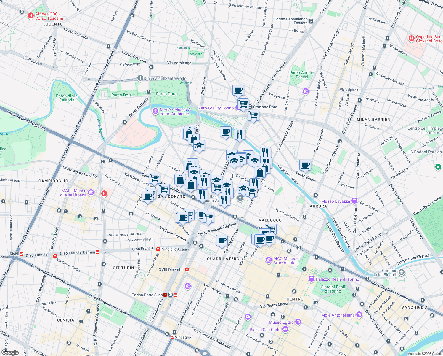 map of restaurants, bars, coffee shops, grocery stores, and more near 50 Corso Principe Oddone in Torino