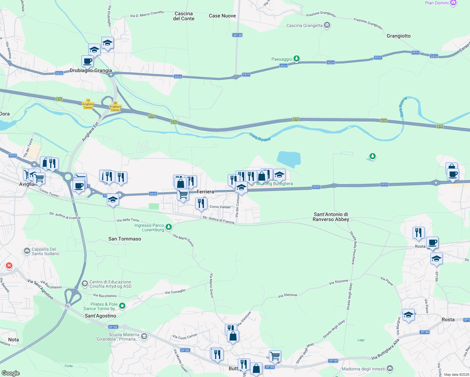 map of restaurants, bars, coffee shops, grocery stores, and more near 85/A Corso Torino in Ferriera