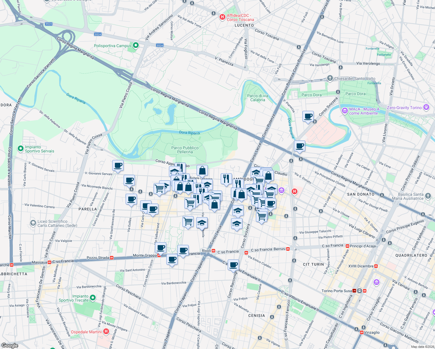 map of restaurants, bars, coffee shops, grocery stores, and more near 74 Via Pietrino Belli in Torino