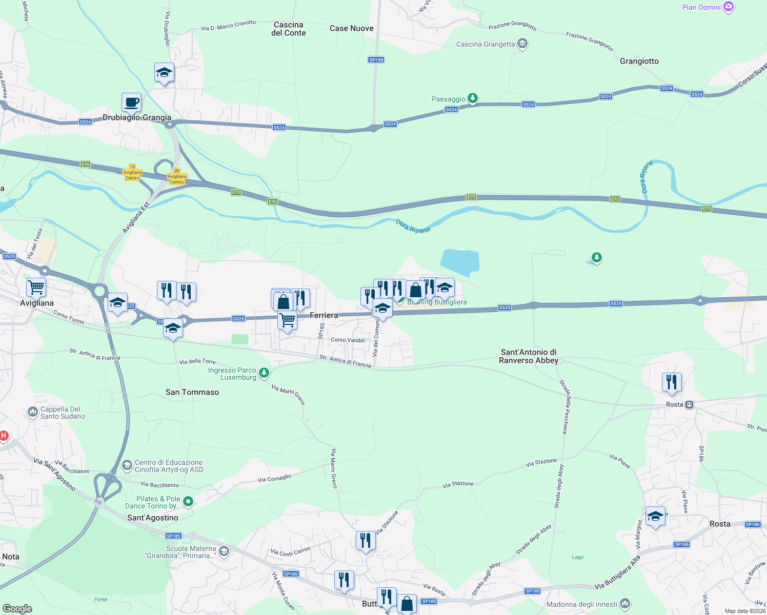 map of restaurants, bars, coffee shops, grocery stores, and more near 85 Corso Torino in Buttigliera Alta