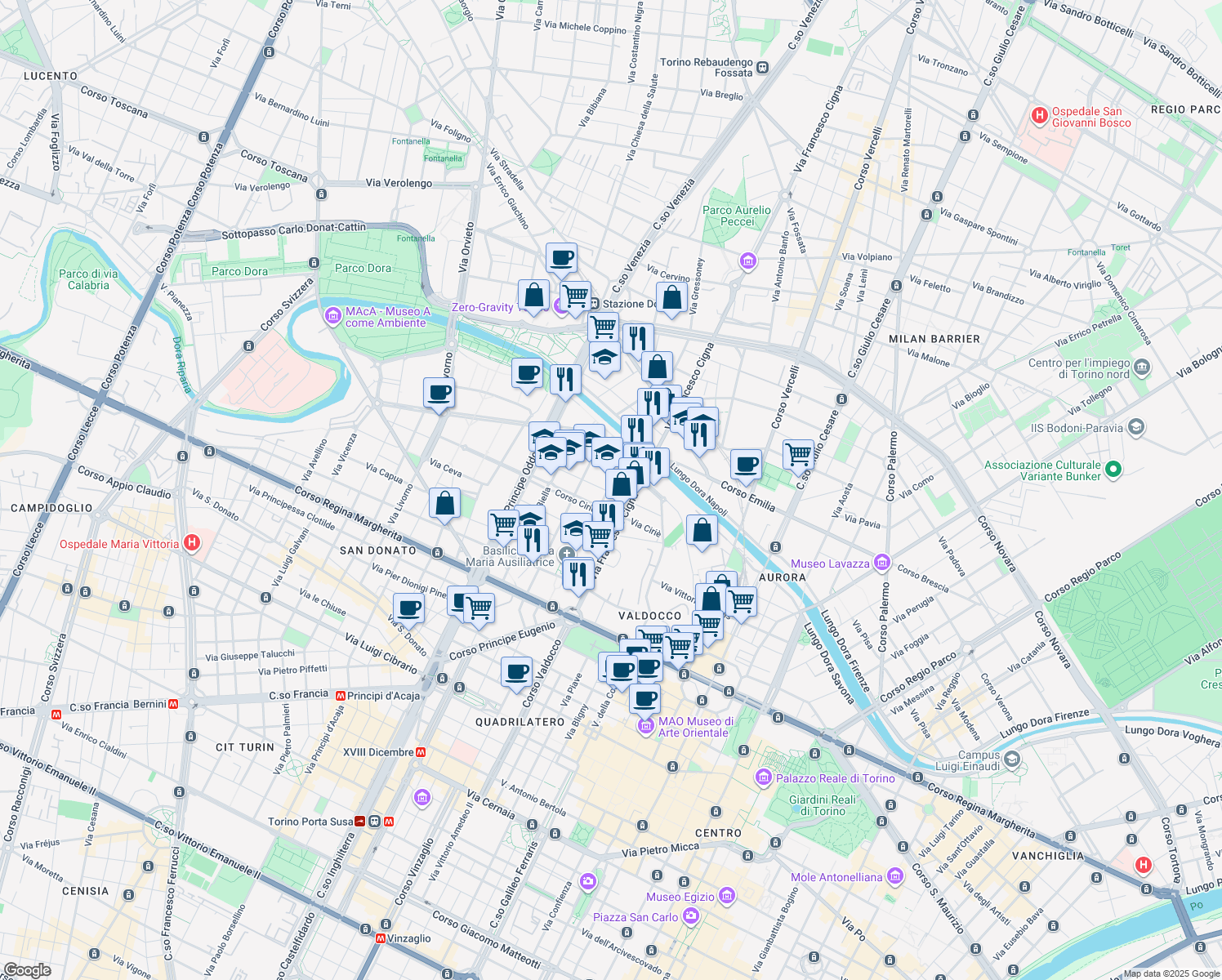 map of restaurants, bars, coffee shops, grocery stores, and more near 23 Via Pesaro in Torino