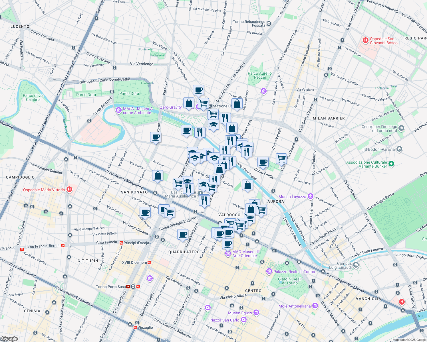 map of restaurants, bars, coffee shops, grocery stores, and more near 23 Via Pesaro in Turin