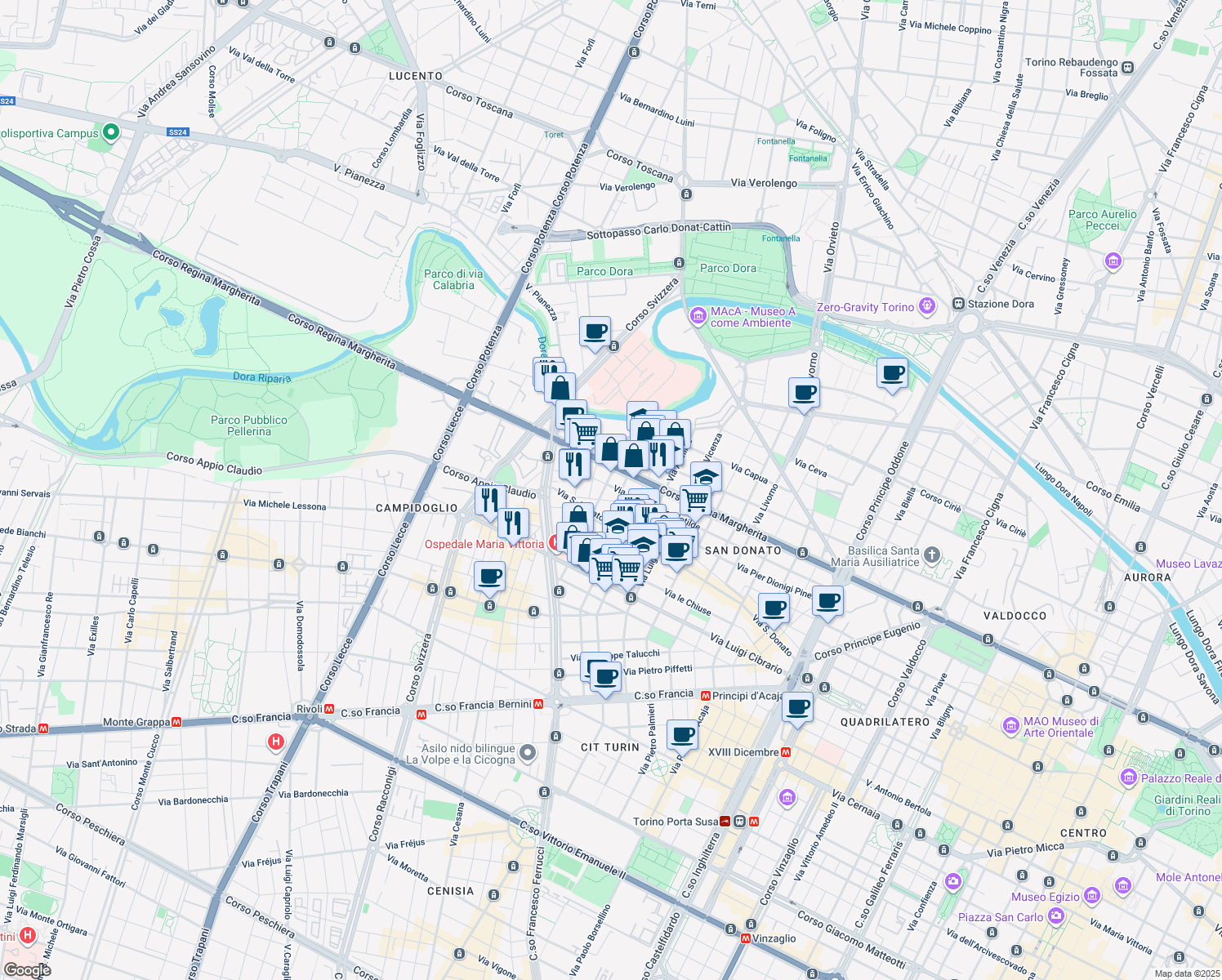 map of restaurants, bars, coffee shops, grocery stores, and more near 95 Via Principessa Clotilde in Turin