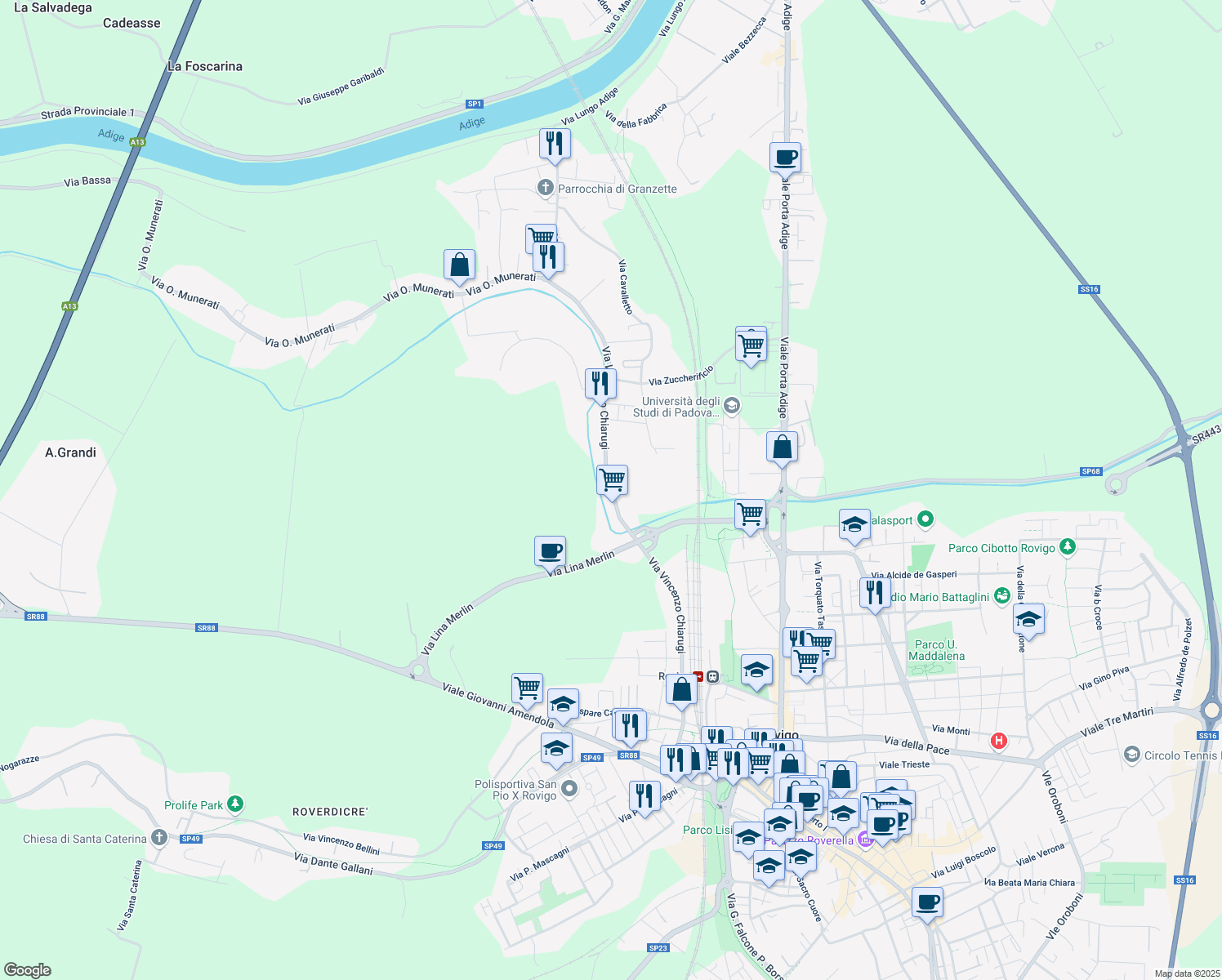 map of restaurants, bars, coffee shops, grocery stores, and more near Via Vincenzo Chiarugi in Rovigo