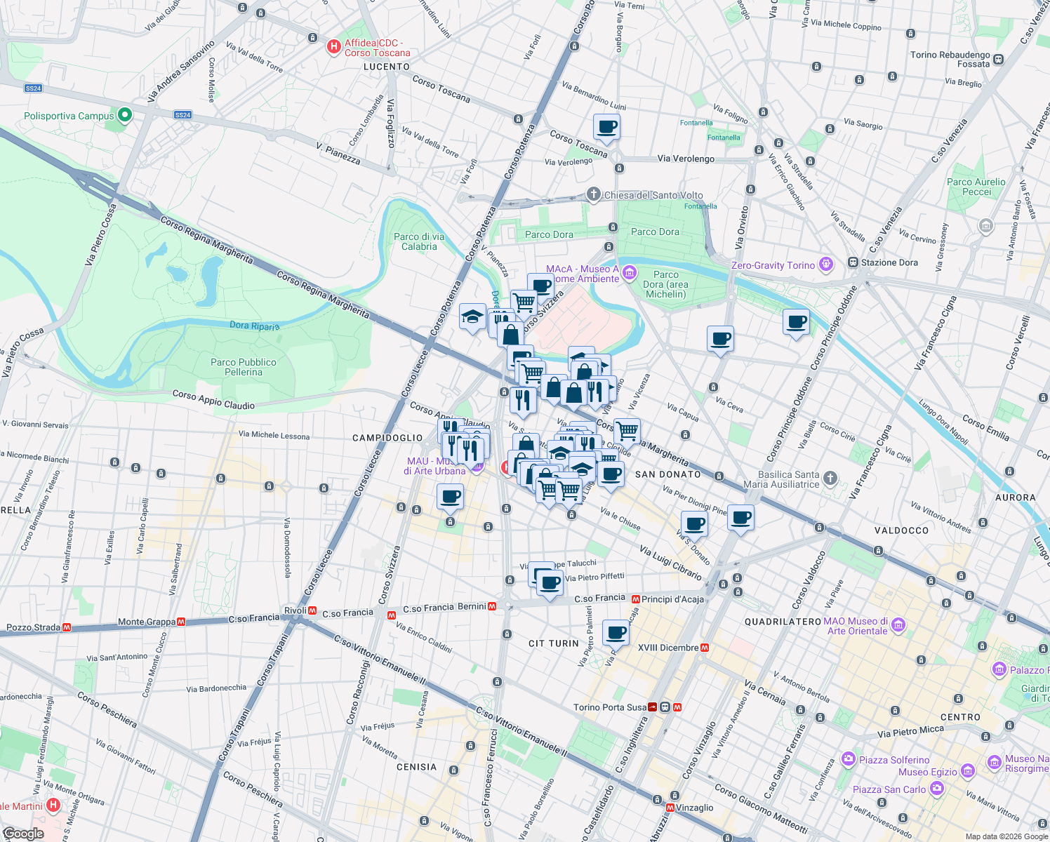 map of restaurants, bars, coffee shops, grocery stores, and more near 4/I Via Martinetto in Torino