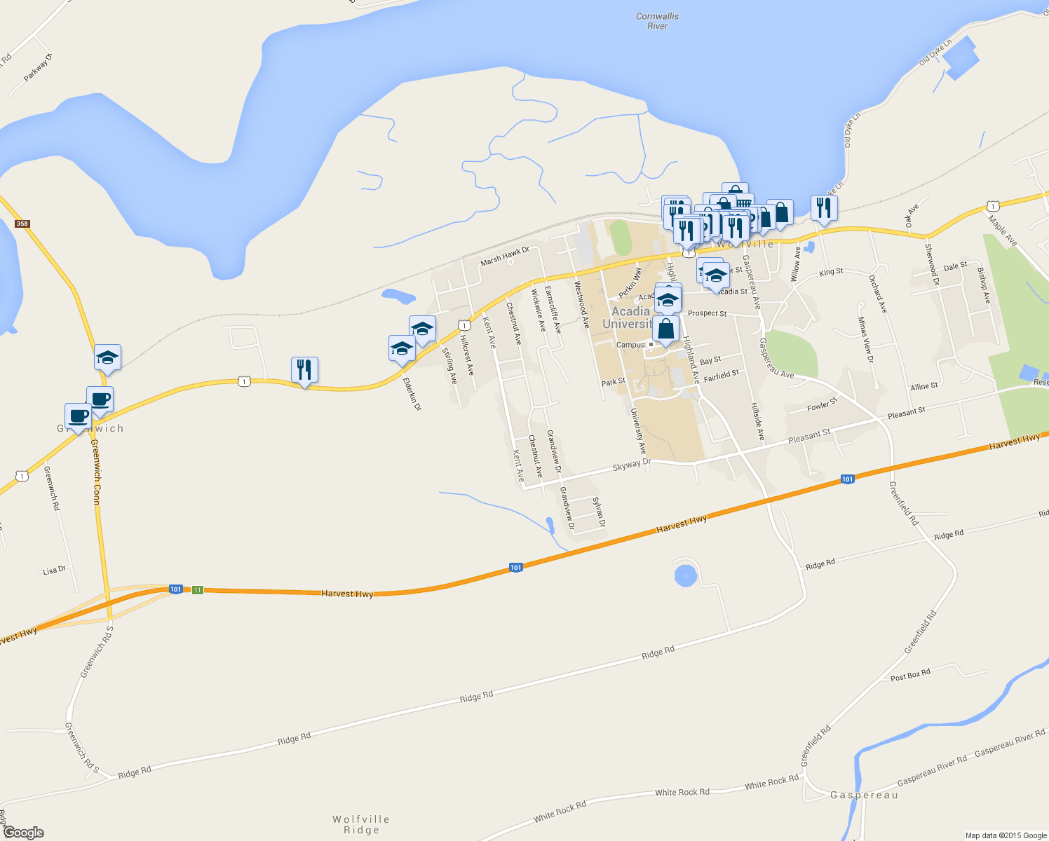 map of restaurants, bars, coffee shops, grocery stores, and more near 66 Chestnut Avenue in Wolfville