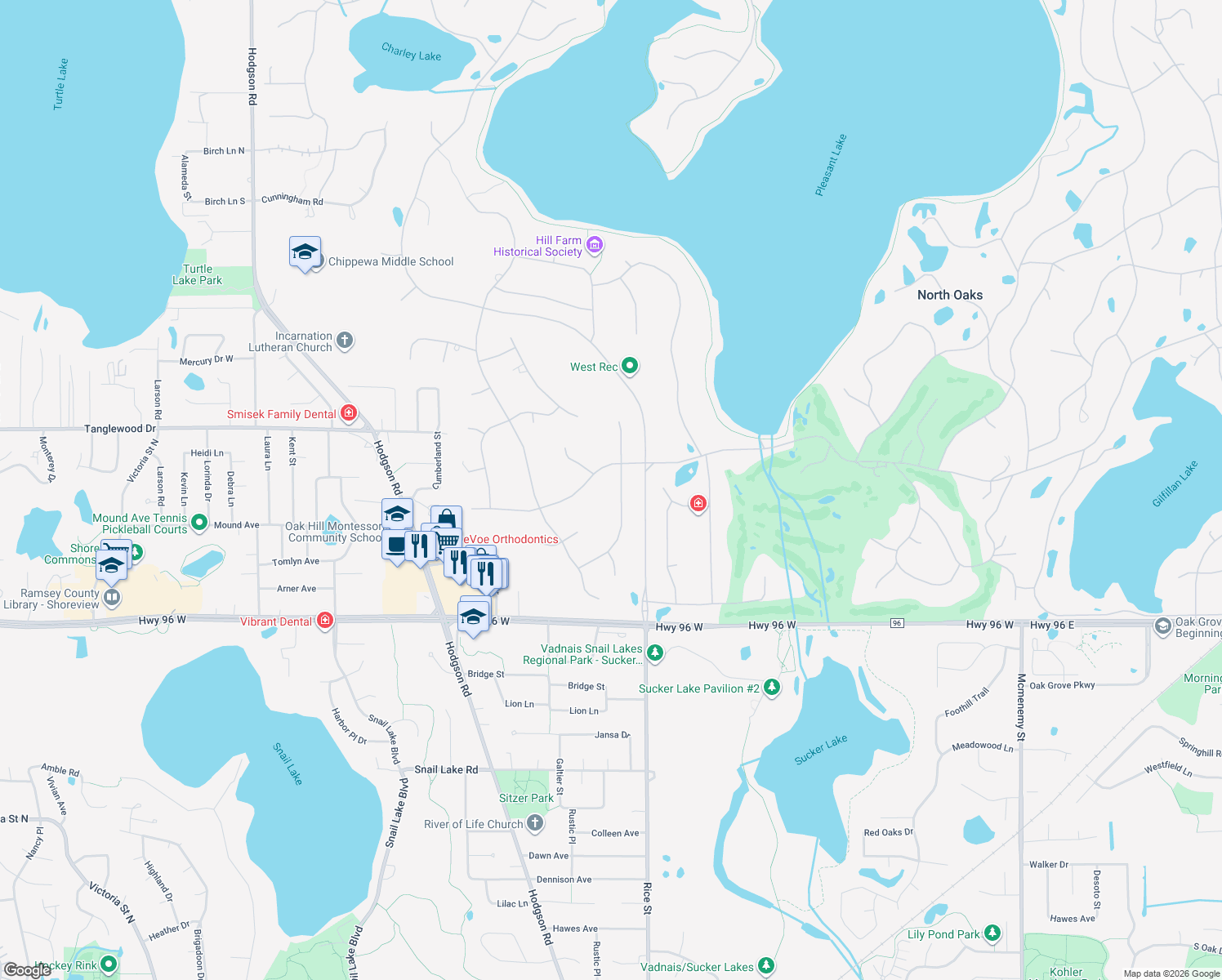 map of restaurants, bars, coffee shops, grocery stores, and more near 11 Meadowlark Lane in North Oaks