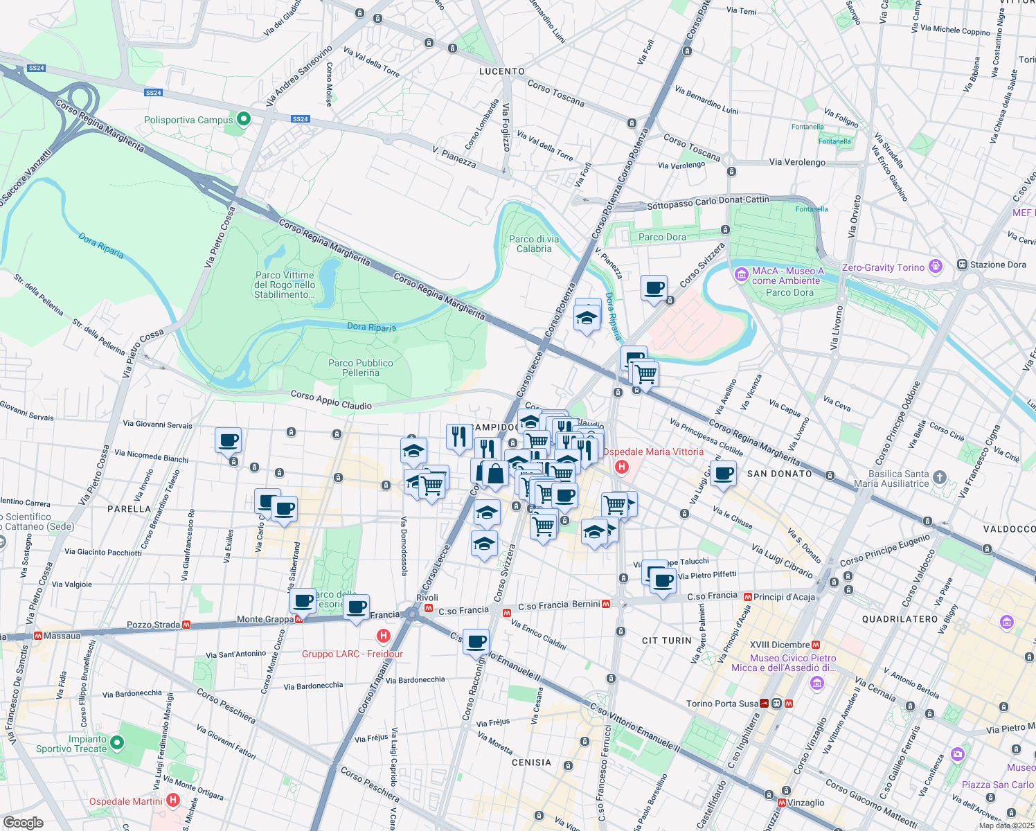map of restaurants, bars, coffee shops, grocery stores, and more near 110 Corso Lecce in Turin
