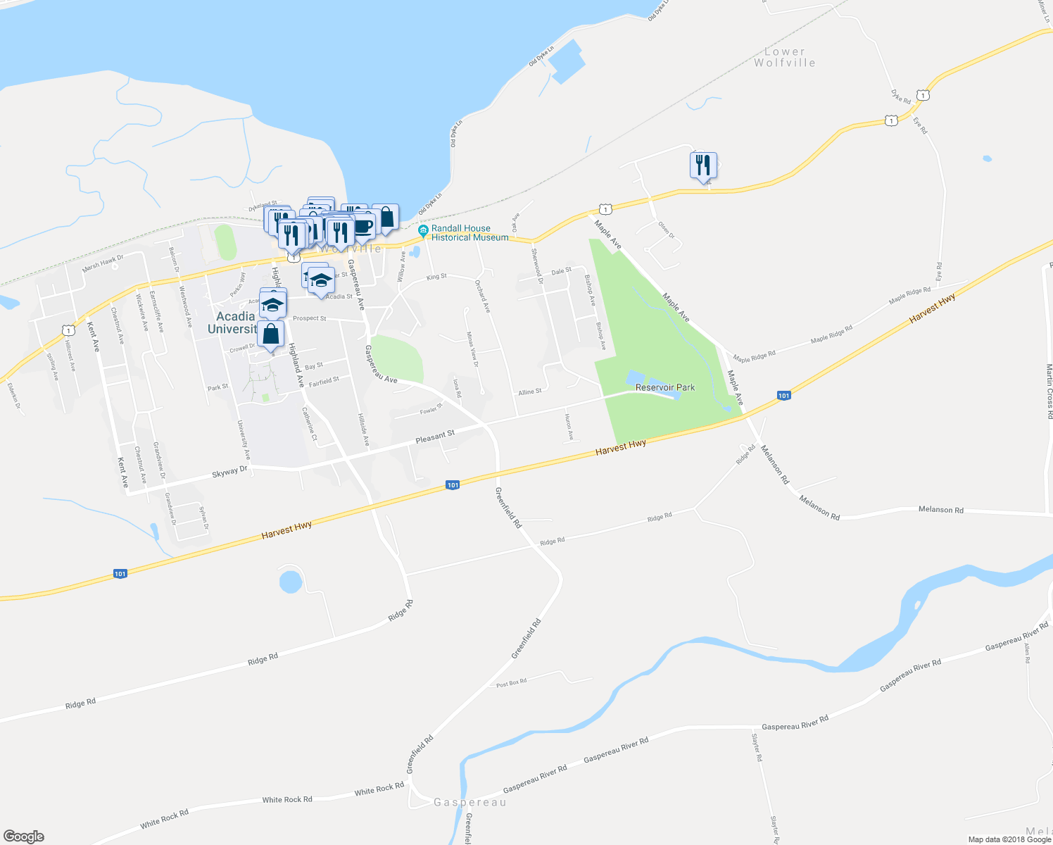 map of restaurants, bars, coffee shops, grocery stores, and more near 73 Pleasant Street in Wolfville