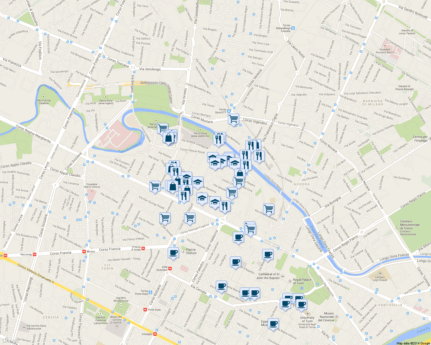 map of restaurants, bars, coffee shops, grocery stores, and more near 7 Corso Ciriè in Turin