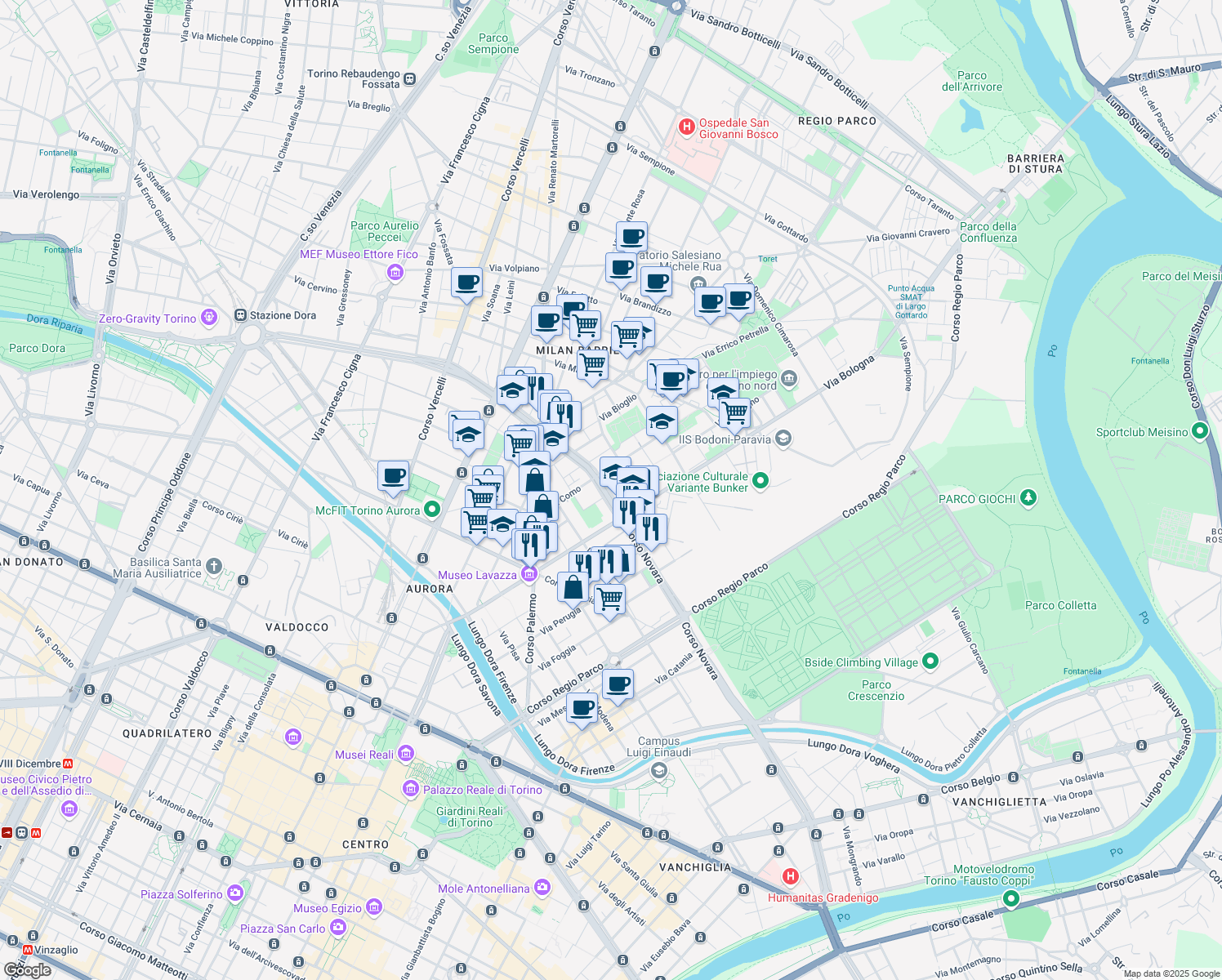 map of restaurants, bars, coffee shops, grocery stores, and more near 59 Corso Novara in Torino