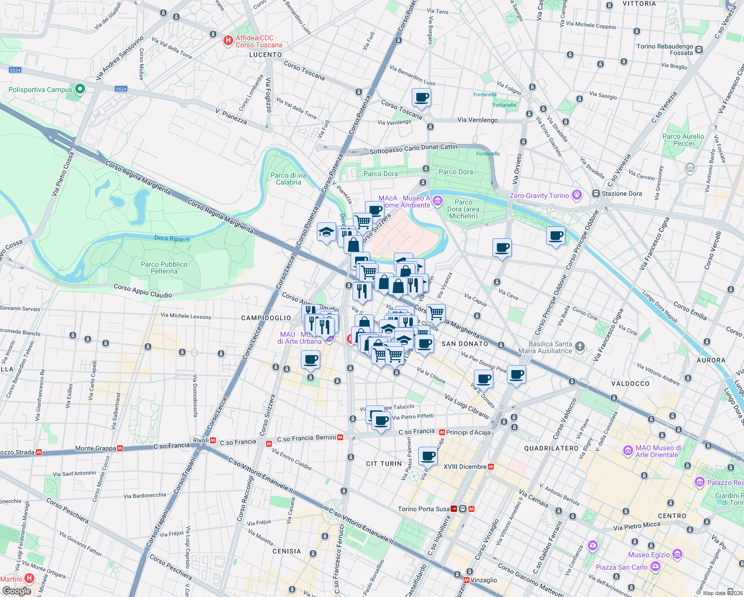 map of restaurants, bars, coffee shops, grocery stores, and more near 4/I Via Martinetto in Torino
