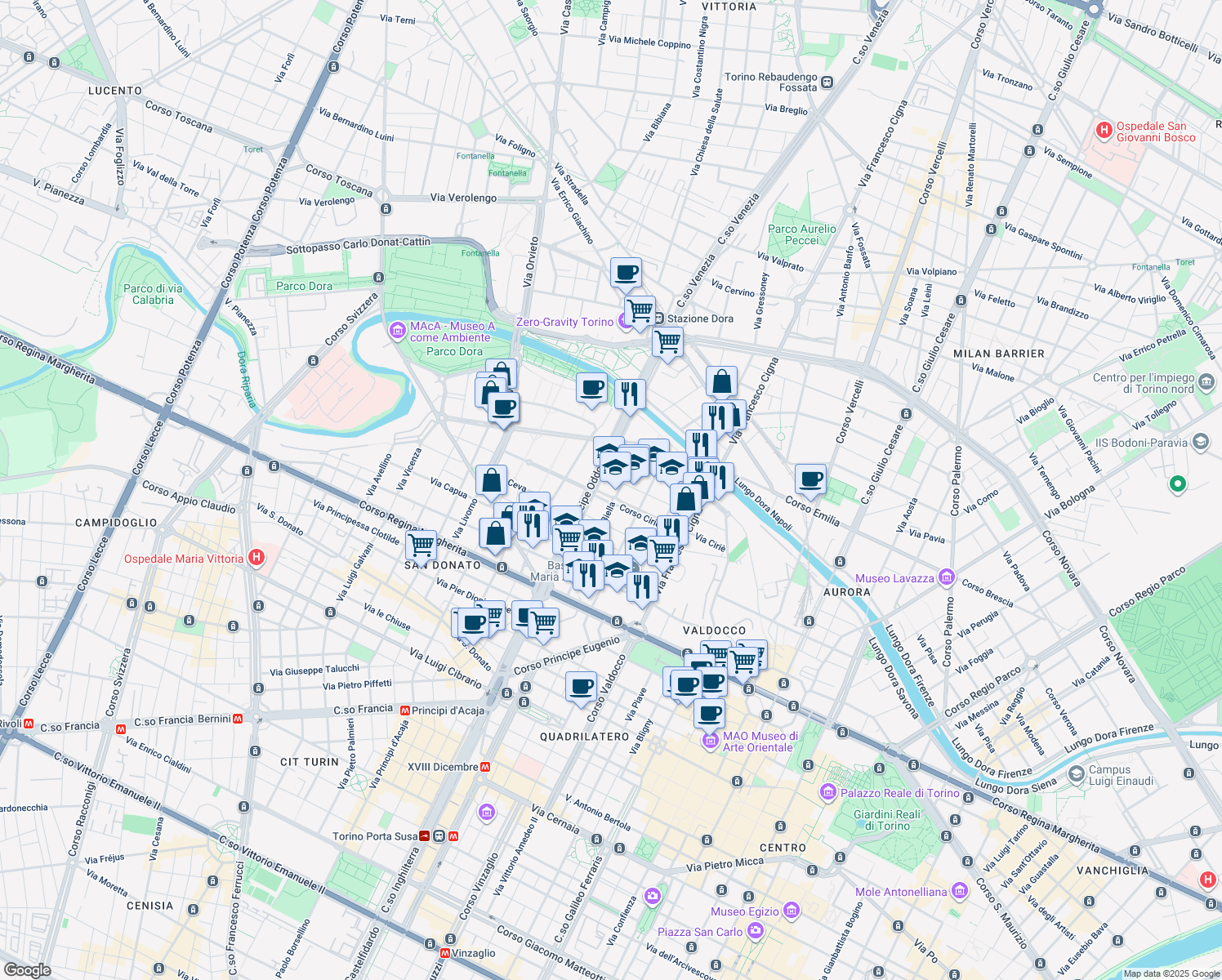 map of restaurants, bars, coffee shops, grocery stores, and more near 7 Corso Ciriè in Turin