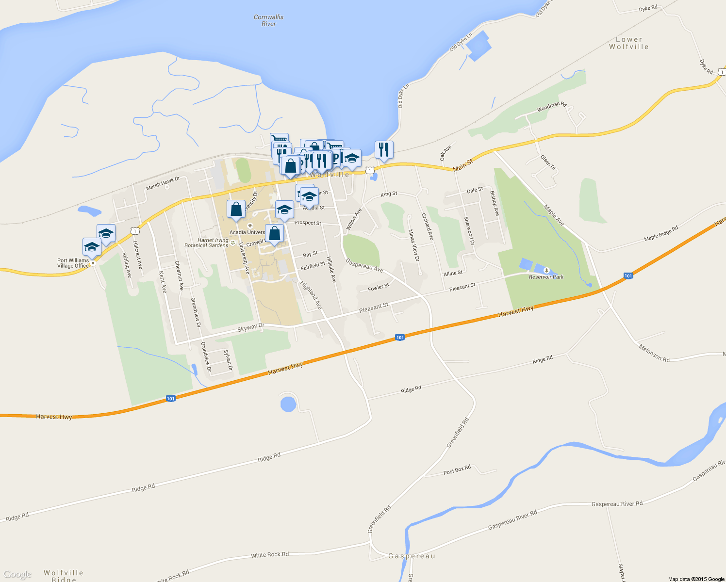 map of restaurants, bars, coffee shops, grocery stores, and more near 5 Fowler Street in Wolfville