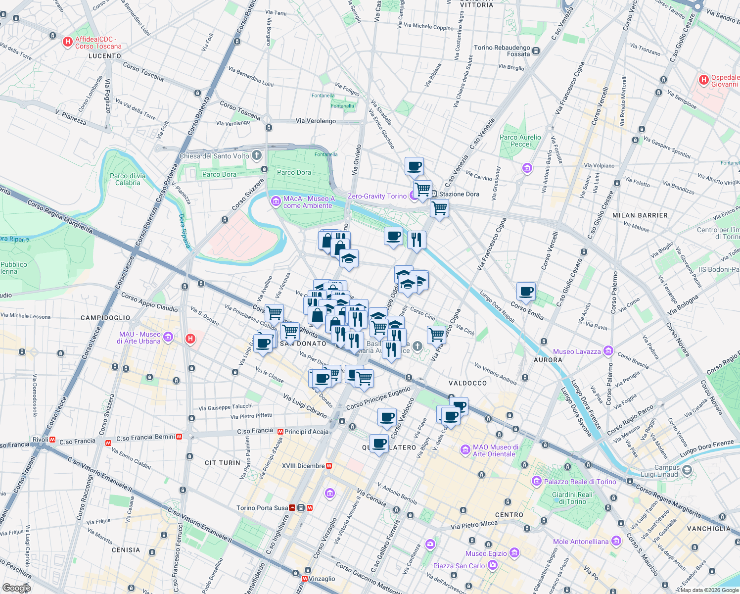 map of restaurants, bars, coffee shops, grocery stores, and more near 23 Corso Enrico Gamba in Torino