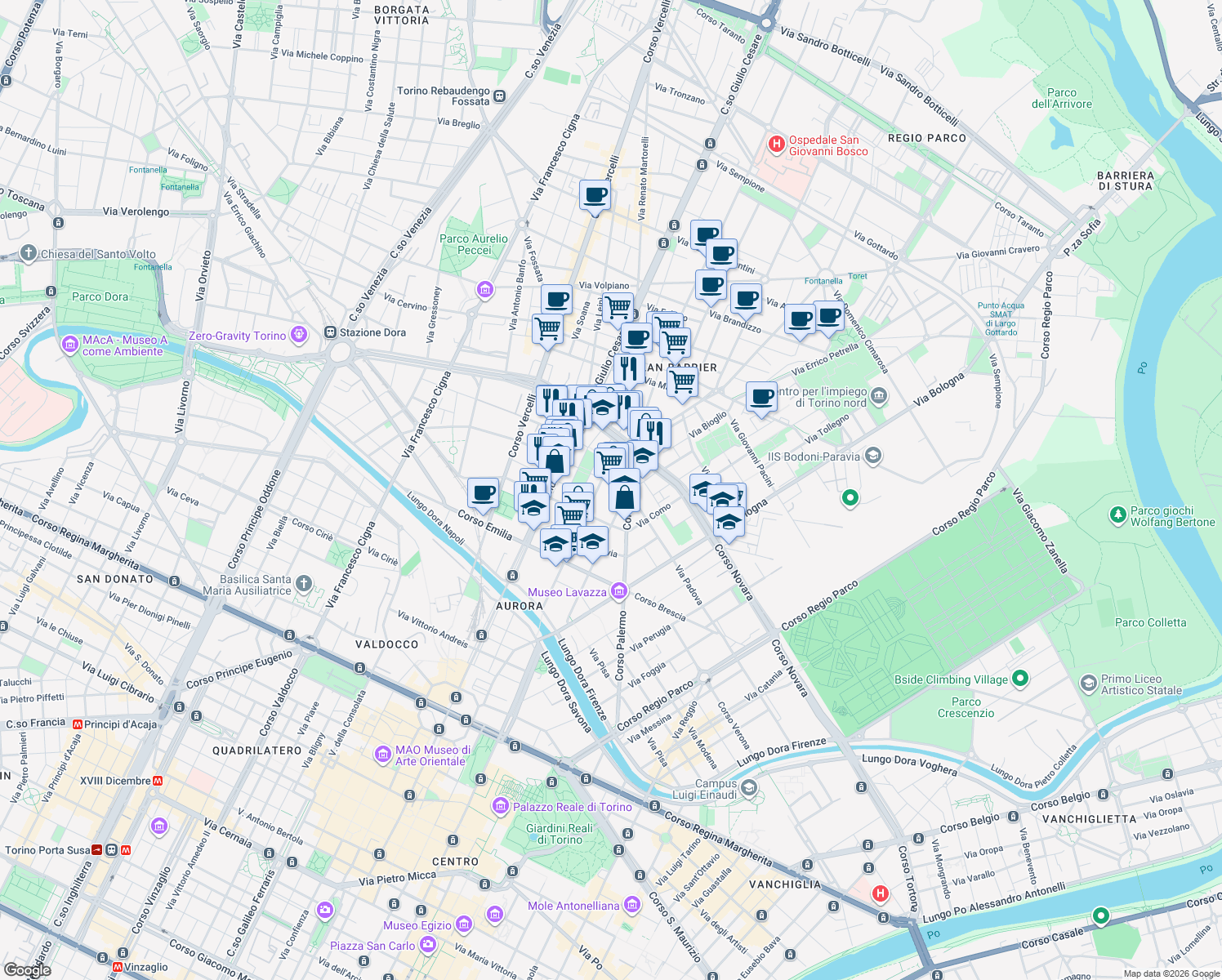 map of restaurants, bars, coffee shops, grocery stores, and more near 46 Via Aosta in Torino