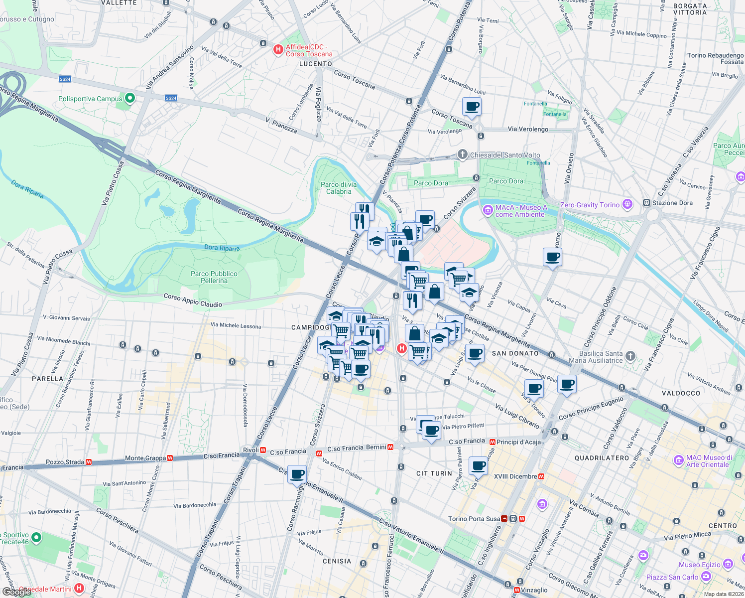 map of restaurants, bars, coffee shops, grocery stores, and more near 112 Corso Svizzera in Turin