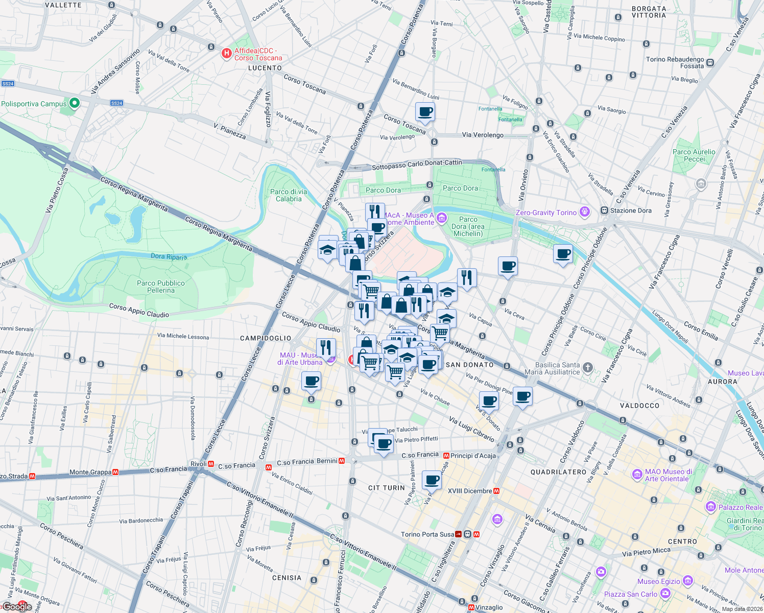 map of restaurants, bars, coffee shops, grocery stores, and more near 86-98 Via Don Giovanni Bosco in Torino