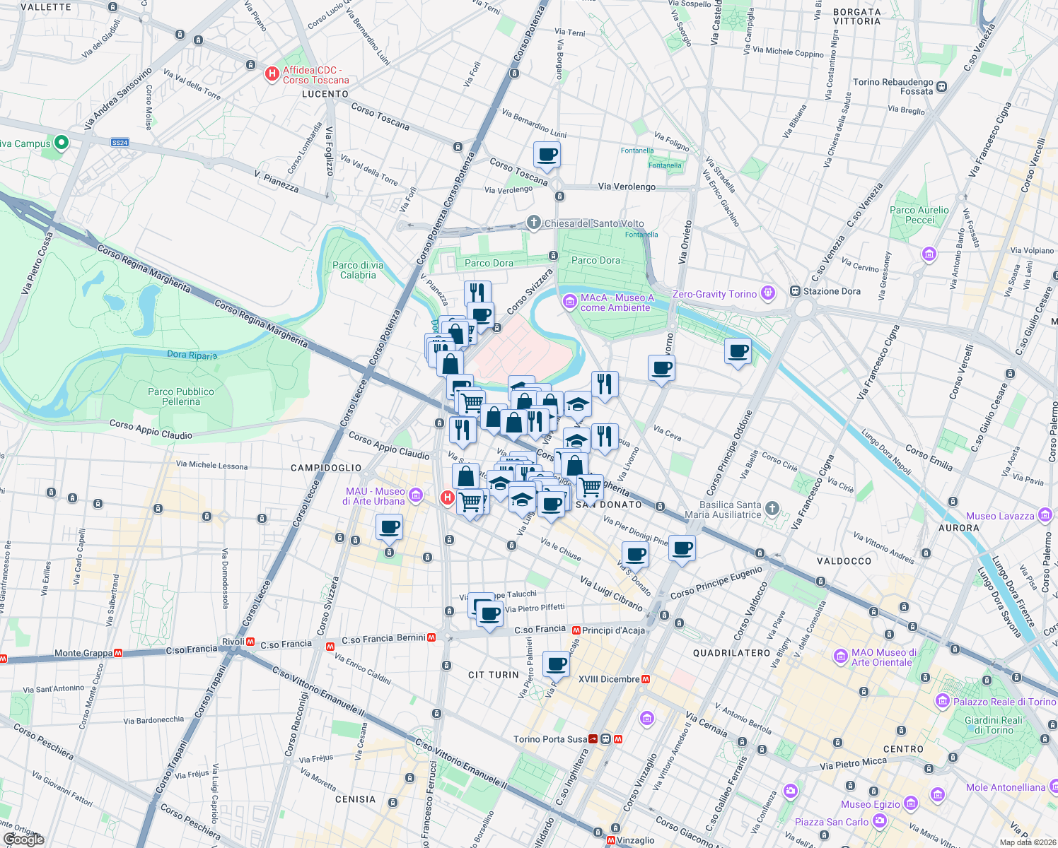map of restaurants, bars, coffee shops, grocery stores, and more near 10 Via Belluno in Torino