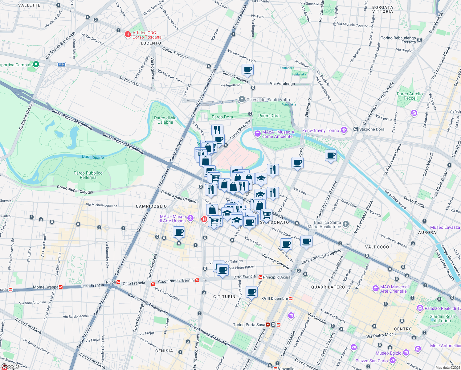 map of restaurants, bars, coffee shops, grocery stores, and more near 10 Via Belluno in Turin