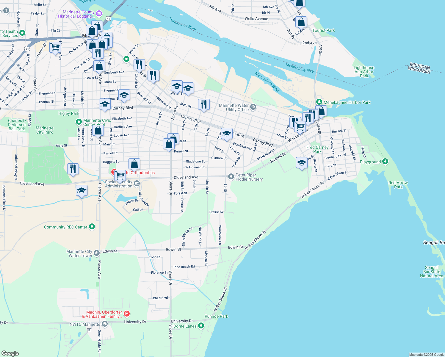 map of restaurants, bars, coffee shops, grocery stores, and more near 2011 6th Street in Marinette