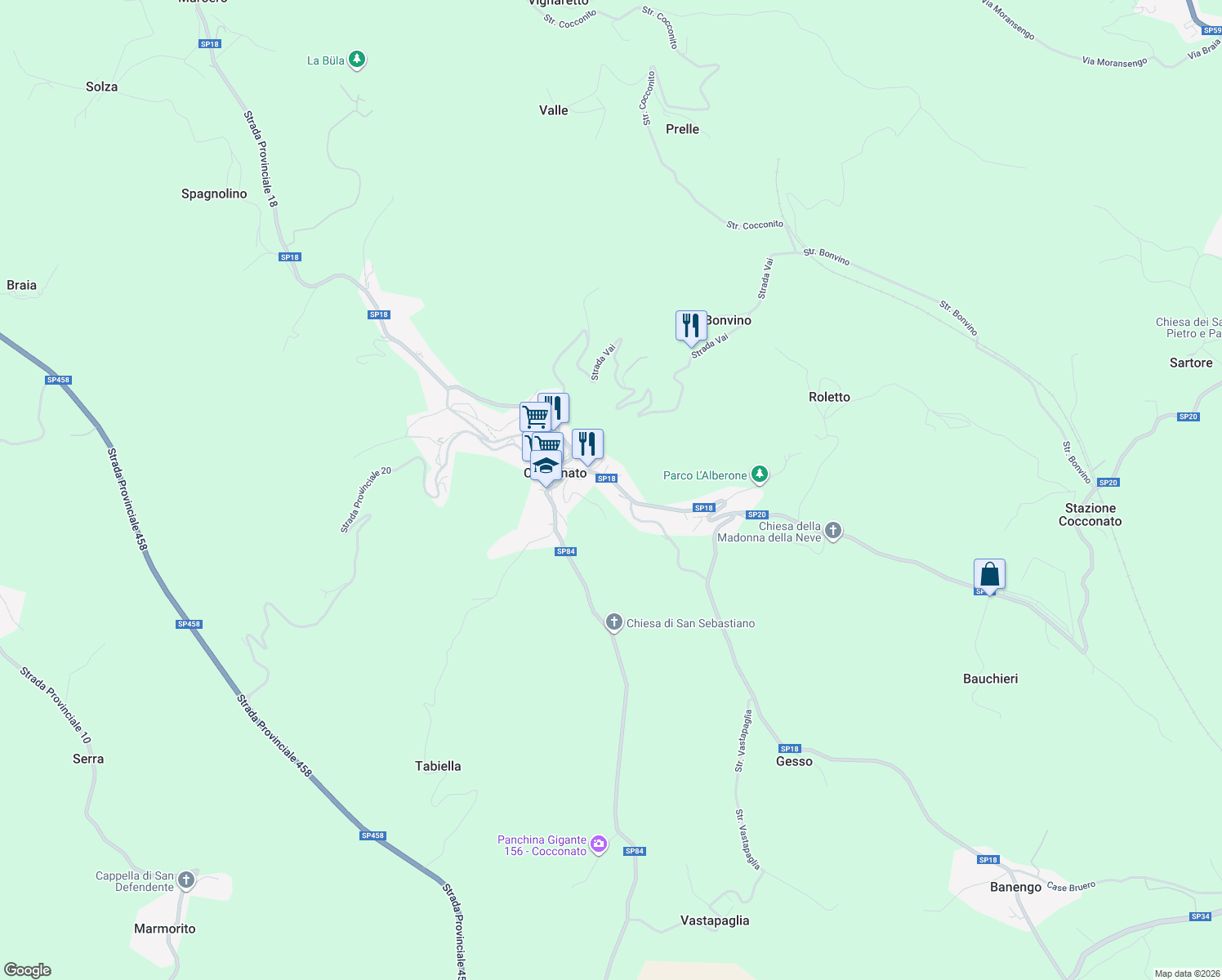map of restaurants, bars, coffee shops, grocery stores, and more near 20 Via Piave in Cocconato