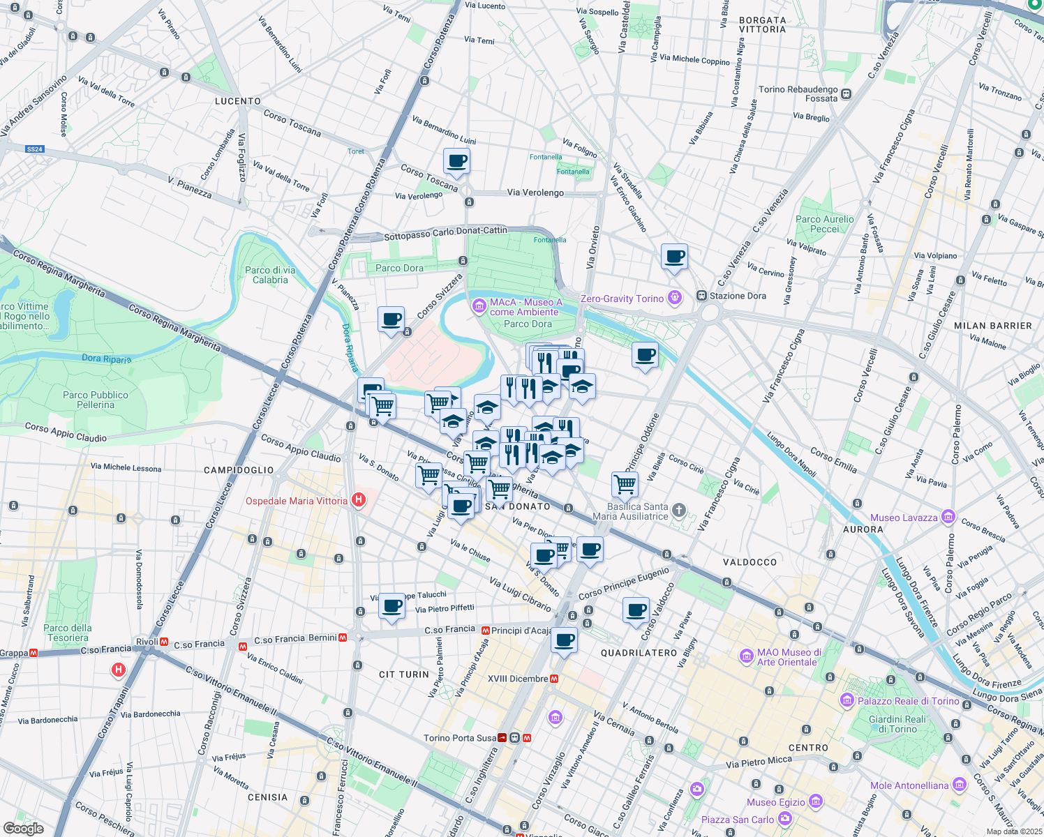 map of restaurants, bars, coffee shops, grocery stores, and more near 30 Via Aquila in Turin