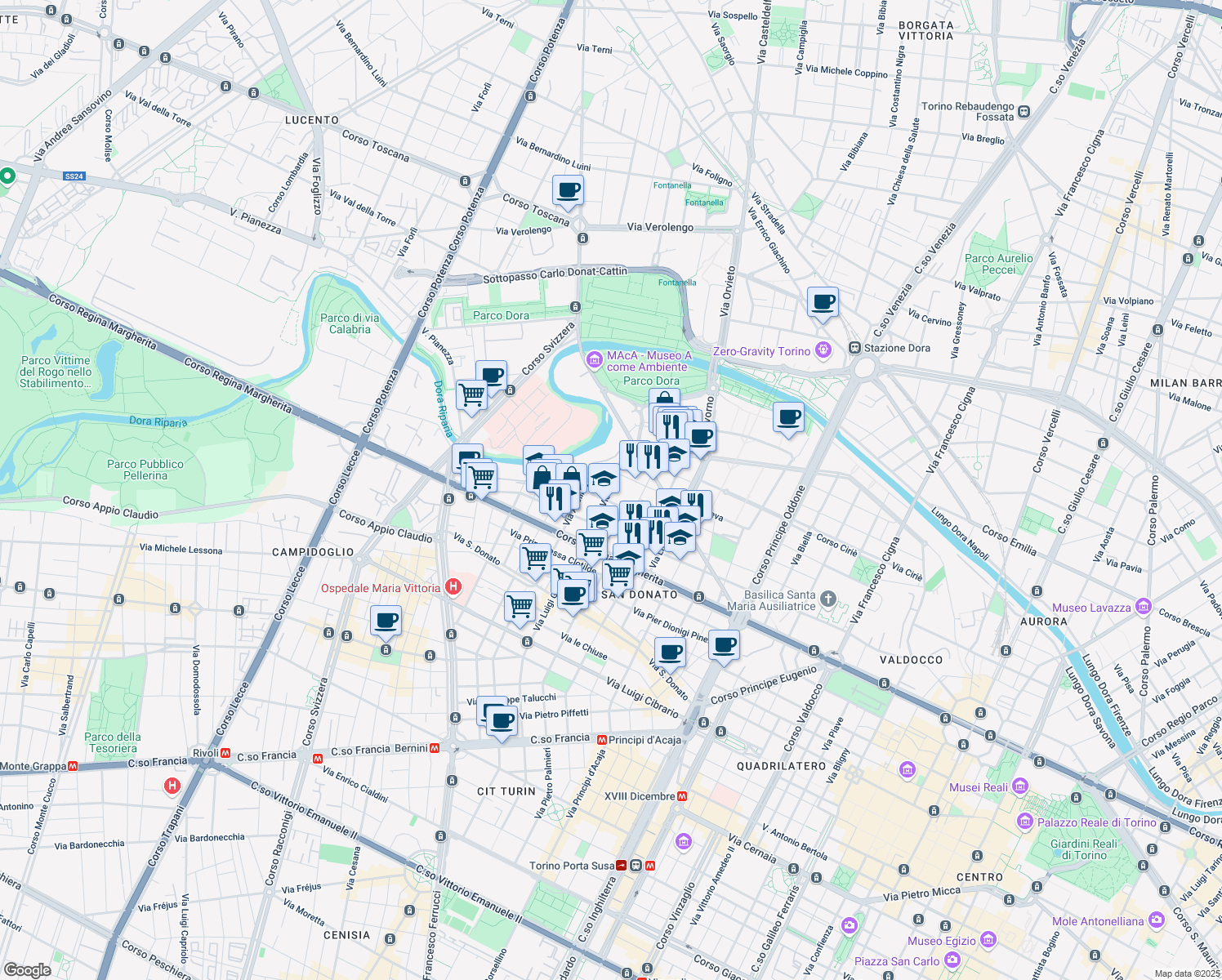 map of restaurants, bars, coffee shops, grocery stores, and more near 24 Via Vicenza in Turin