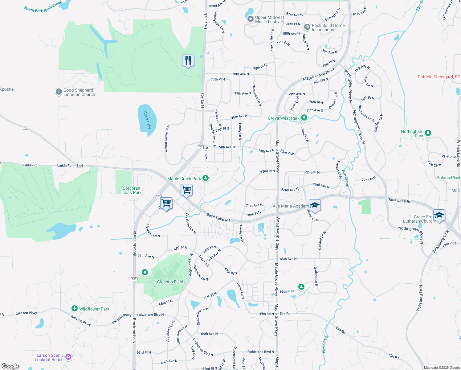 map of restaurants, bars, coffee shops, grocery stores, and more near 18021 72nd Avenue North in Maple Grove