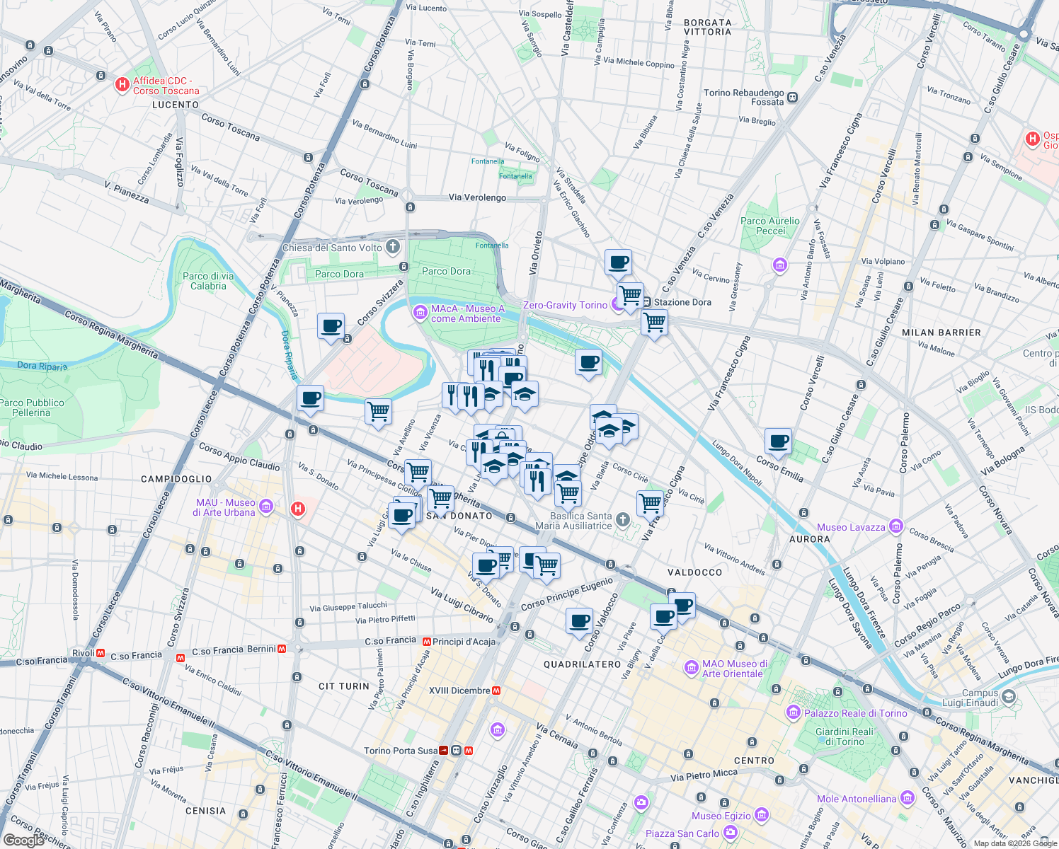 map of restaurants, bars, coffee shops, grocery stores, and more near 23 Corso Enrico Gamba in Torino