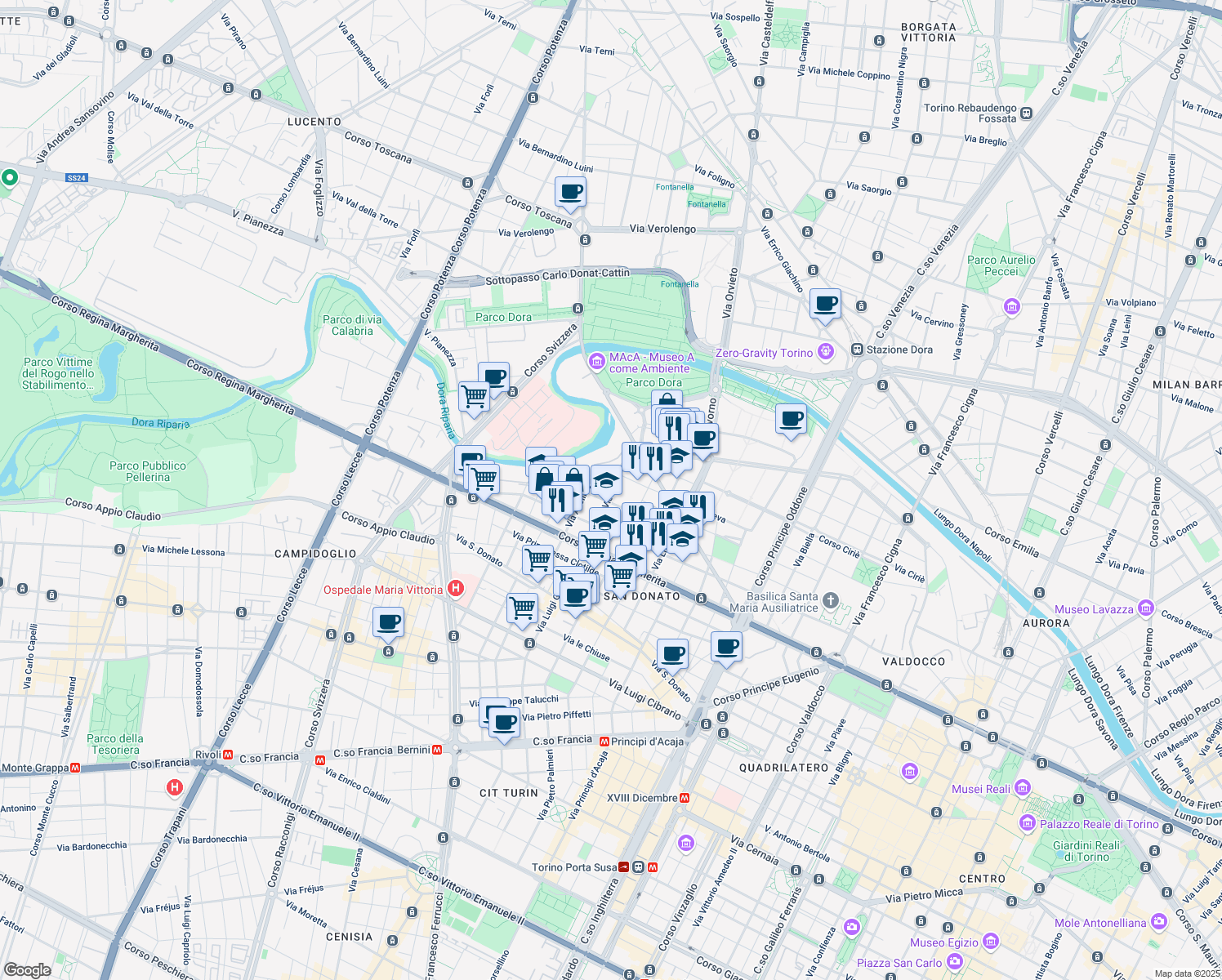 map of restaurants, bars, coffee shops, grocery stores, and more near 24 Via Vicenza in Turin