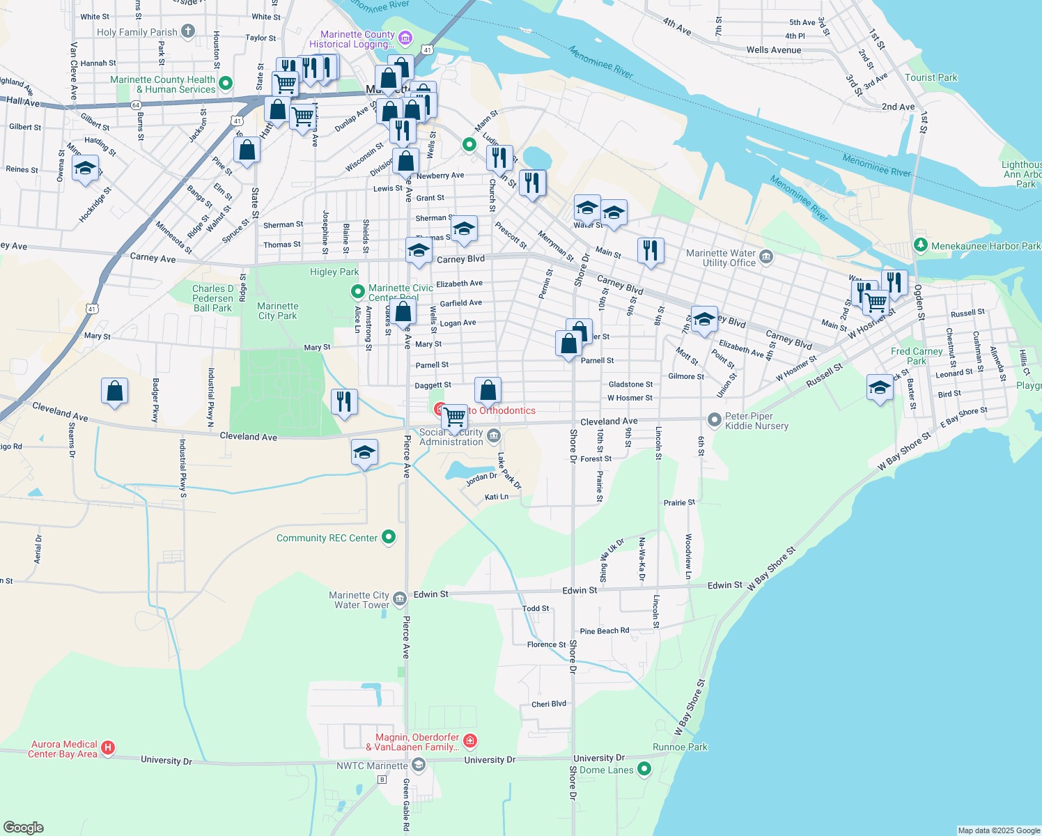 map of restaurants, bars, coffee shops, grocery stores, and more near 1921 Pernin Street in Marinette