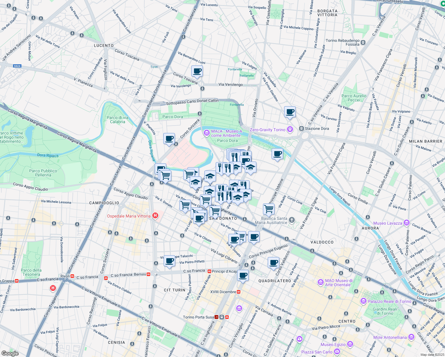 map of restaurants, bars, coffee shops, grocery stores, and more near 30 Via Aquila in Turin