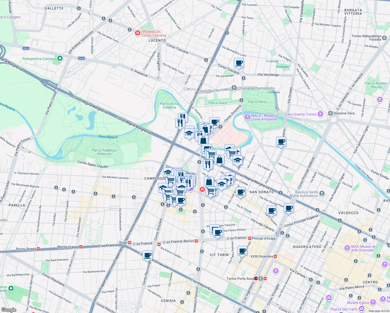 map of restaurants, bars, coffee shops, grocery stores, and more near 112 Corso Svizzera in Torino