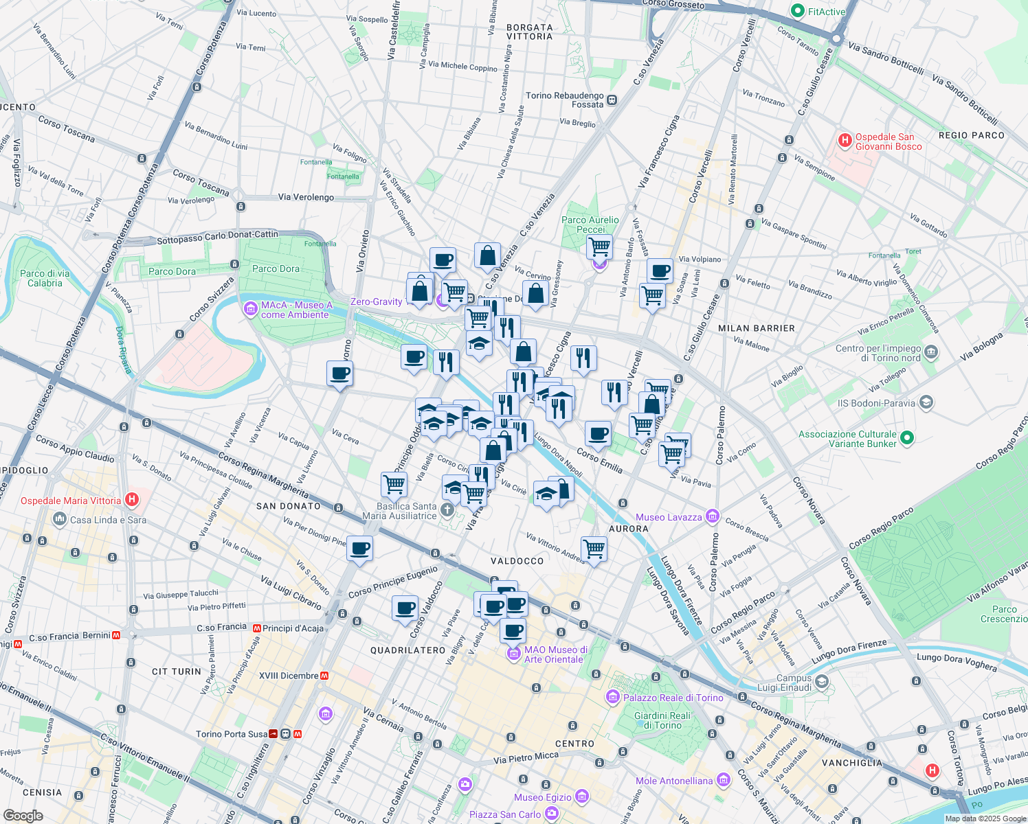 map of restaurants, bars, coffee shops, grocery stores, and more near 56 Lungo Dora Napoli in Torino