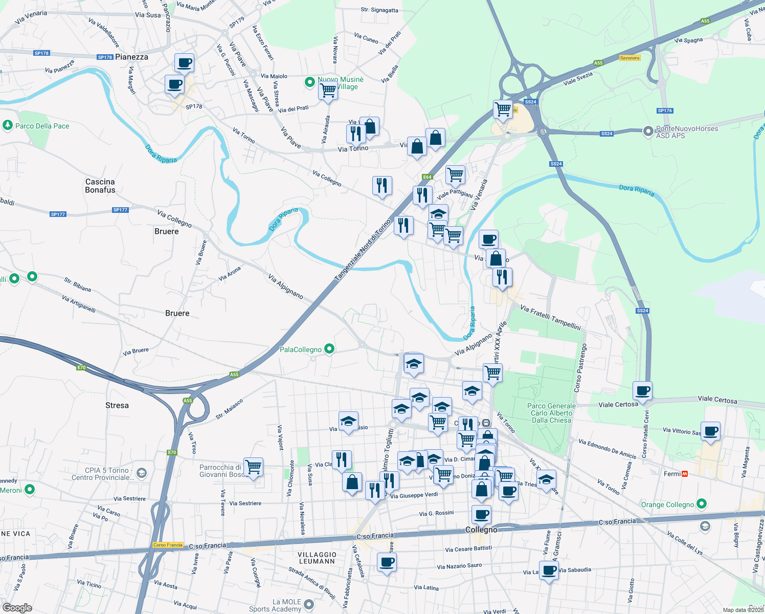 map of restaurants, bars, coffee shops, grocery stores, and more near 4 Via Romeo Meinardi in Collegno