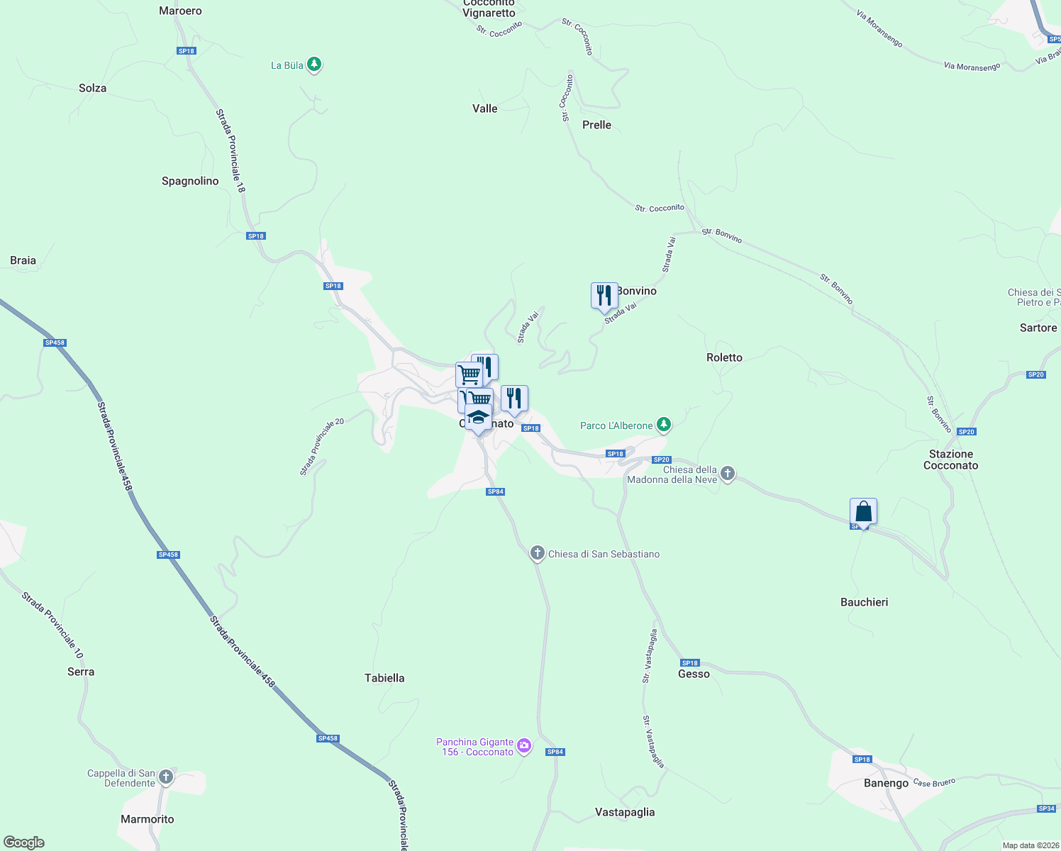 map of restaurants, bars, coffee shops, grocery stores, and more near 20 Via Piave in Cocconato