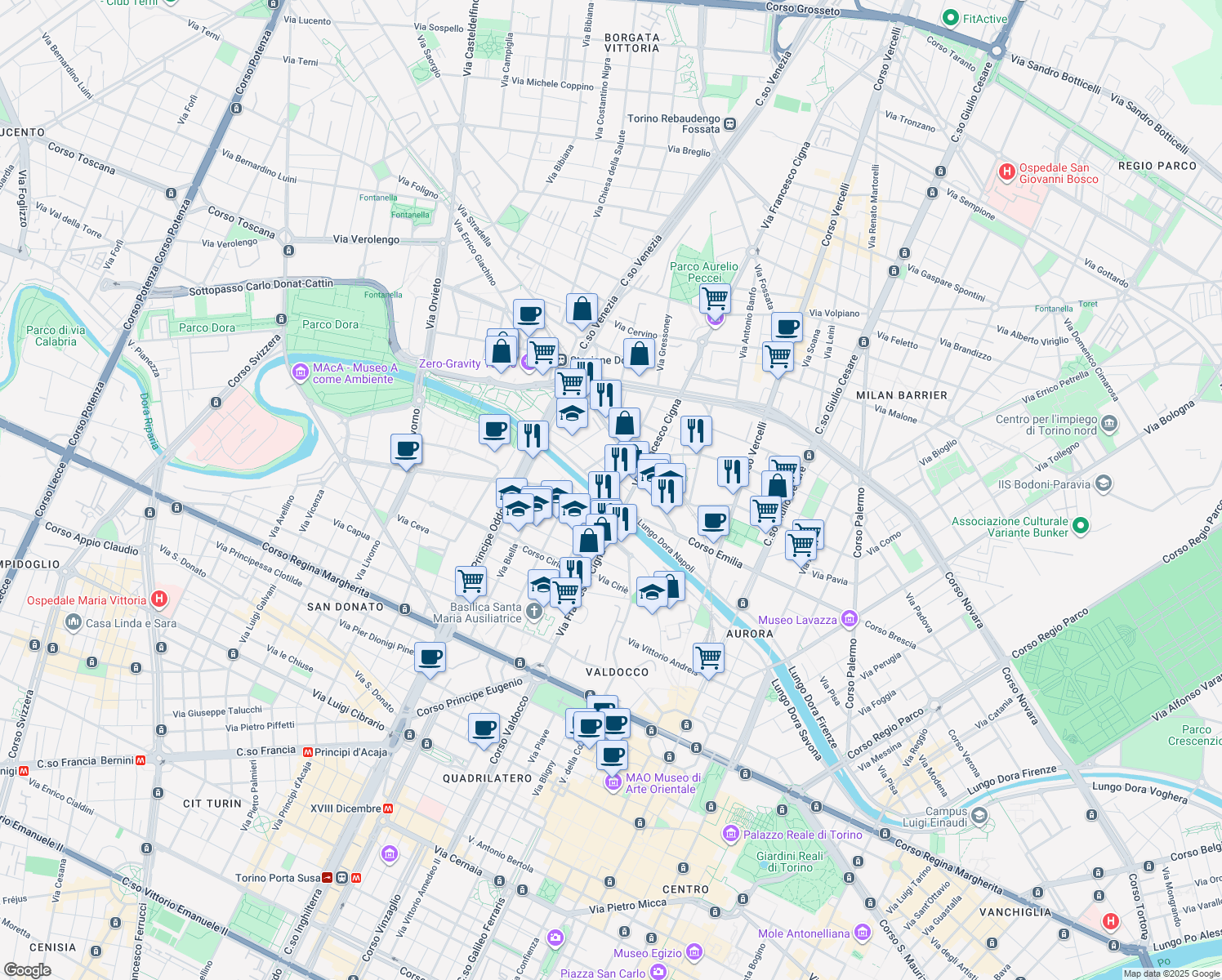 map of restaurants, bars, coffee shops, grocery stores, and more near 56/B Lungo Dora Napoli in Turin