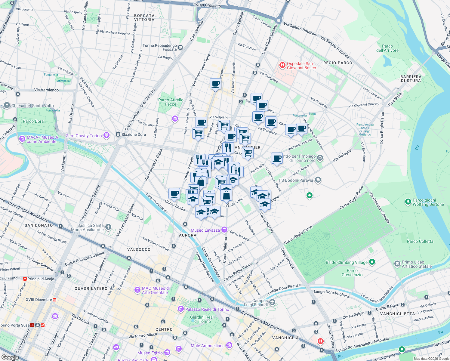 map of restaurants, bars, coffee shops, grocery stores, and more near 46 Via Aosta in Turin