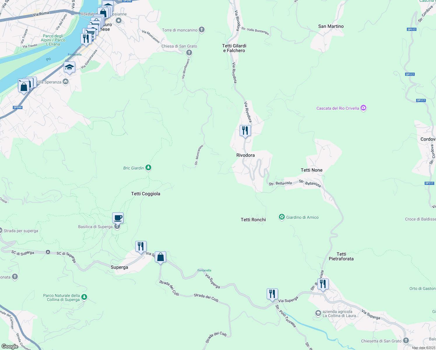 map of restaurants, bars, coffee shops, grocery stores, and more near 11 Via Torino in Rivodora