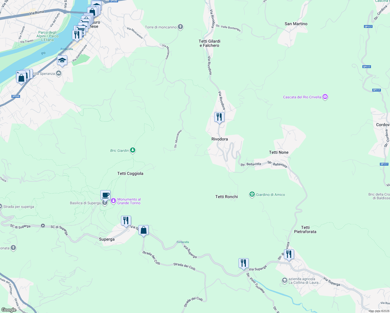 map of restaurants, bars, coffee shops, grocery stores, and more near 11 Via Torino in Rivodora