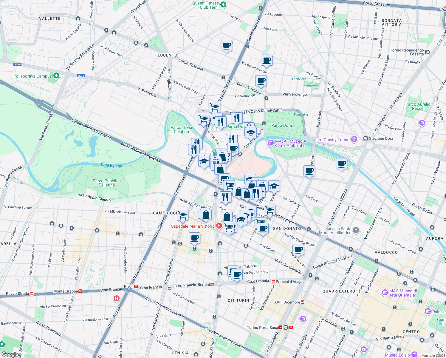 map of restaurants, bars, coffee shops, grocery stores, and more near Via Luigi Bellotti Bon in Torino